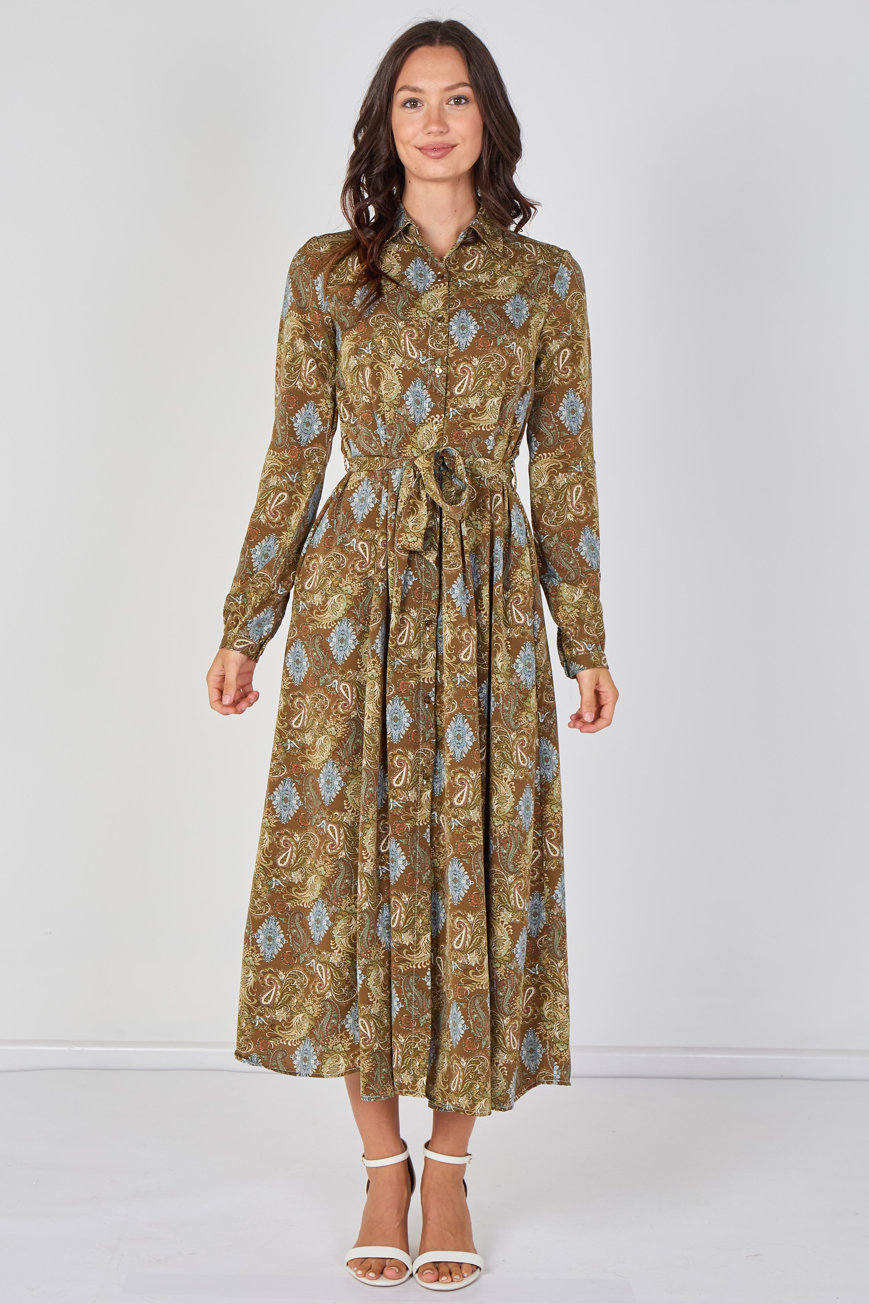 Paisley Meadow Printed Khaki Belted Maxi Shirt Dress LS-2037P-C212