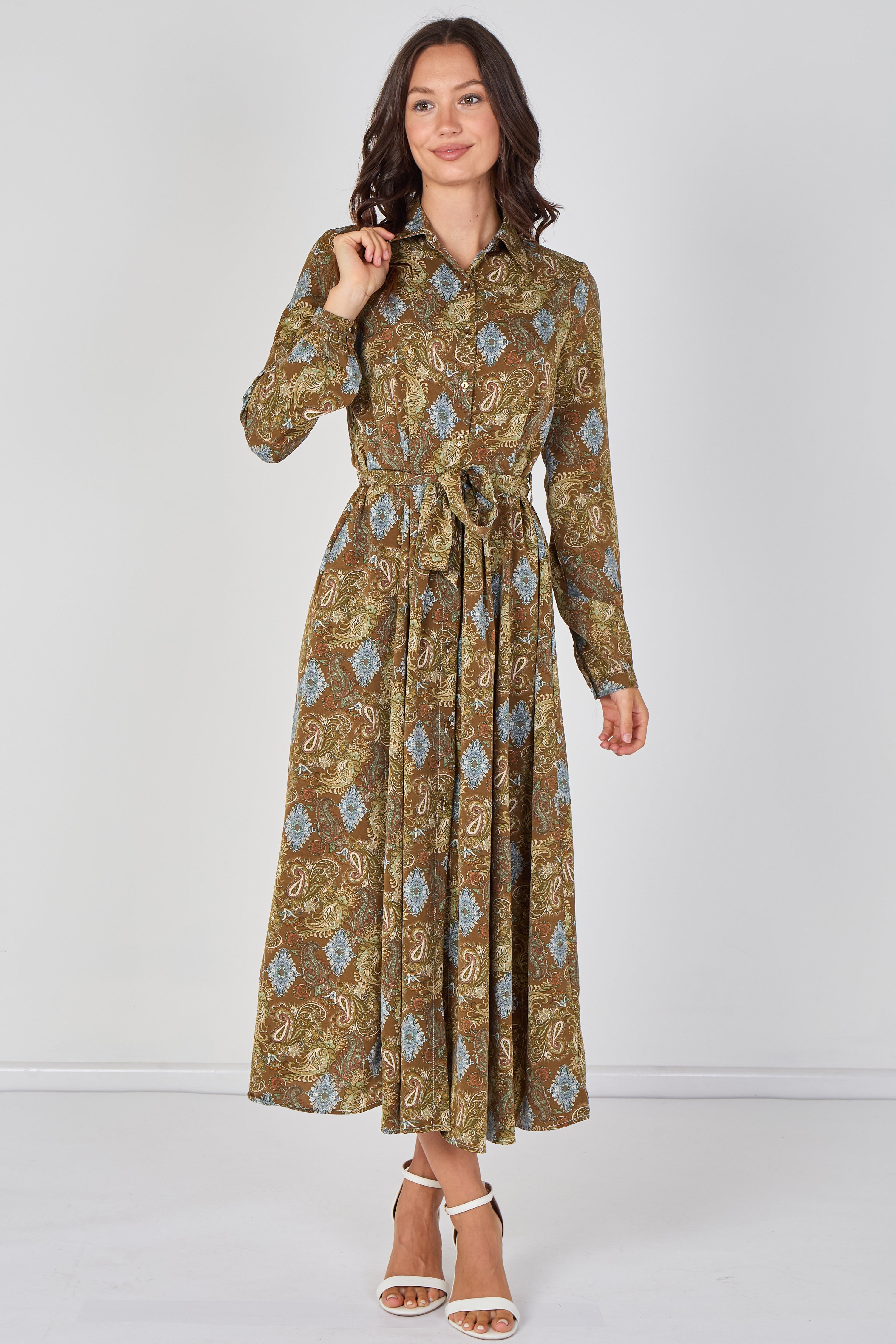 Paisley Meadow Printed Khaki Belted Maxi Shirt Dress LS-2037P-C212