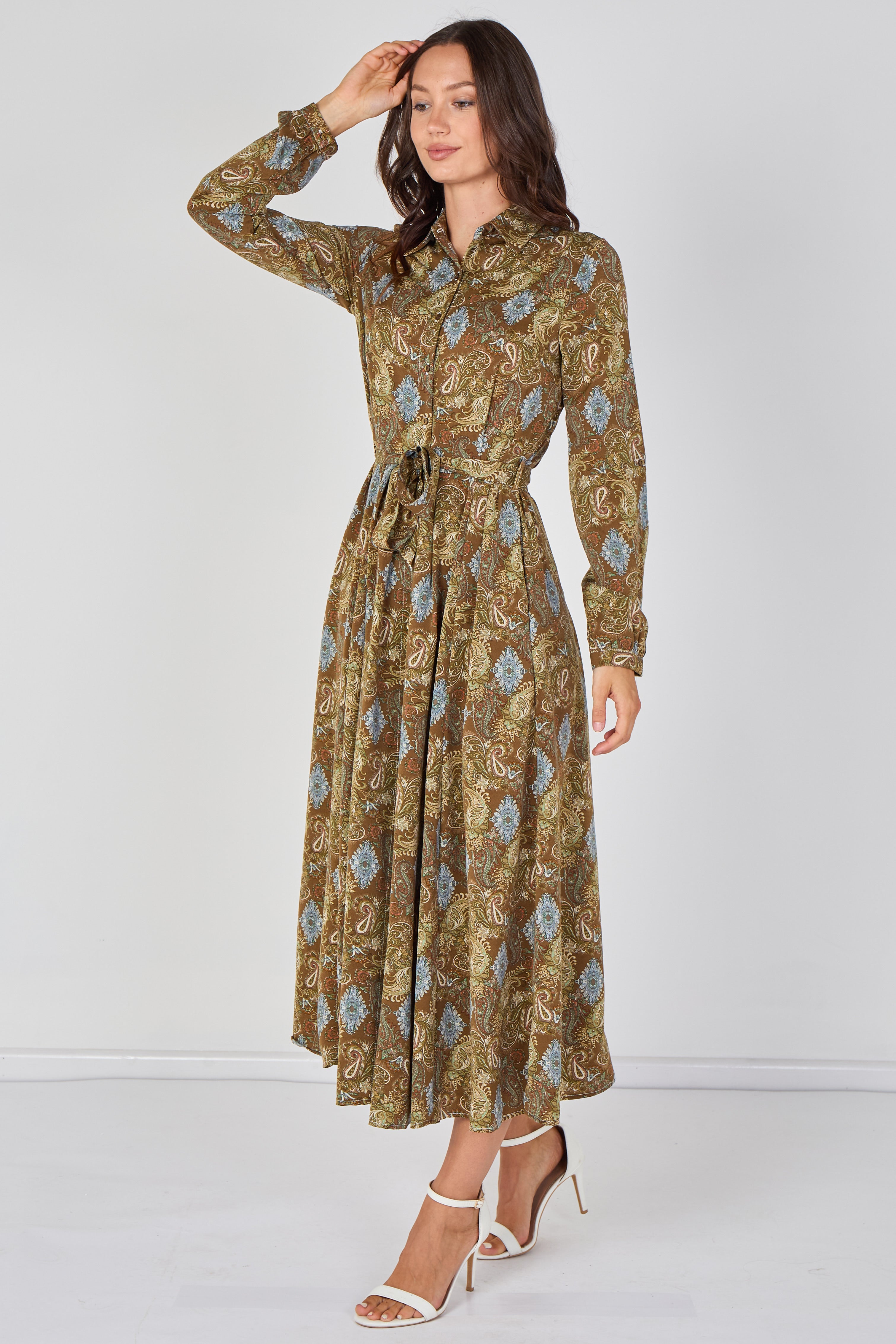 Paisley Meadow Printed Khaki Belted Maxi Shirt Dress LS-2037P-C212
