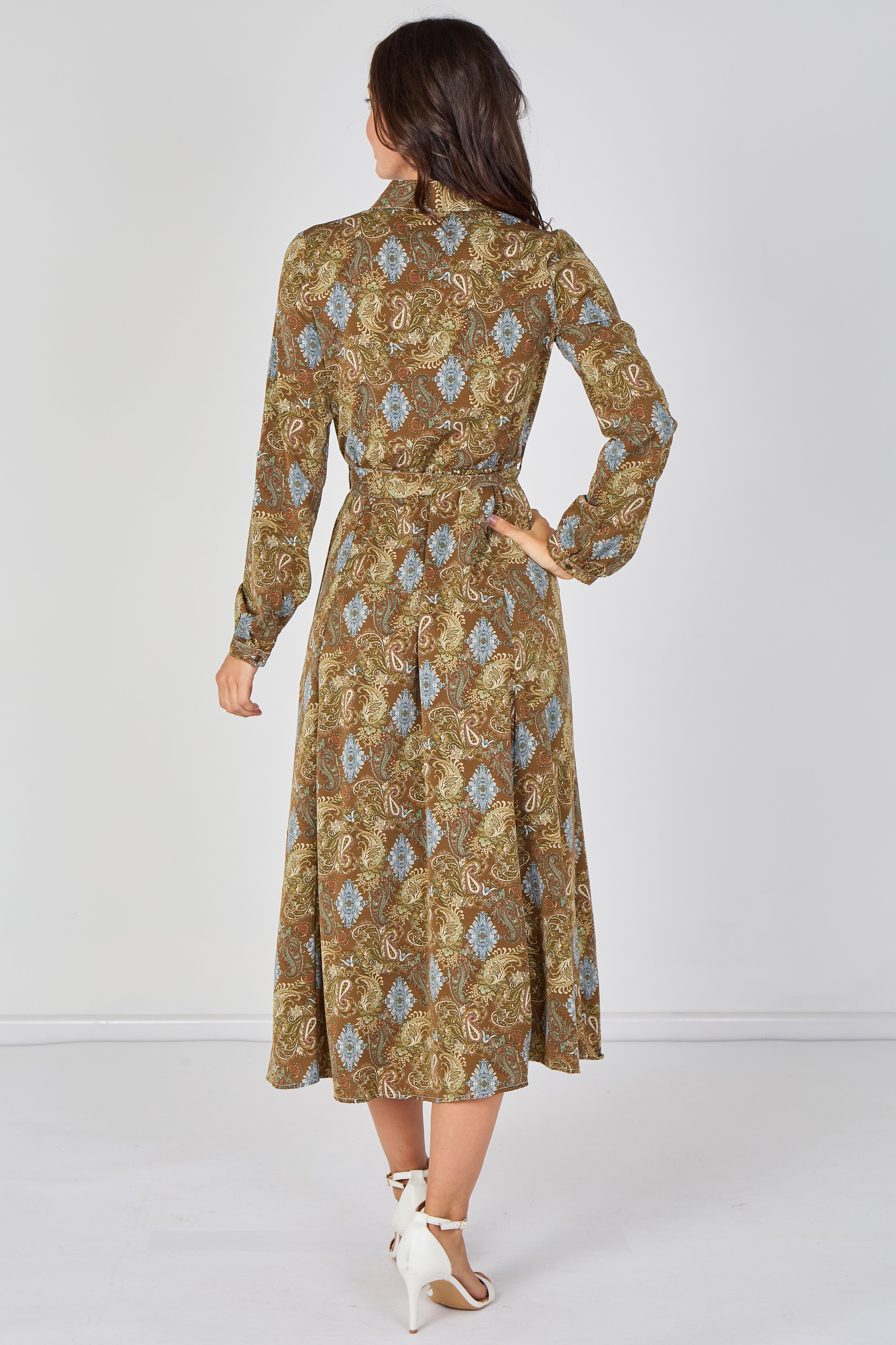 Paisley Meadow Printed Khaki Belted Maxi Shirt Dress LS-2037P-C212