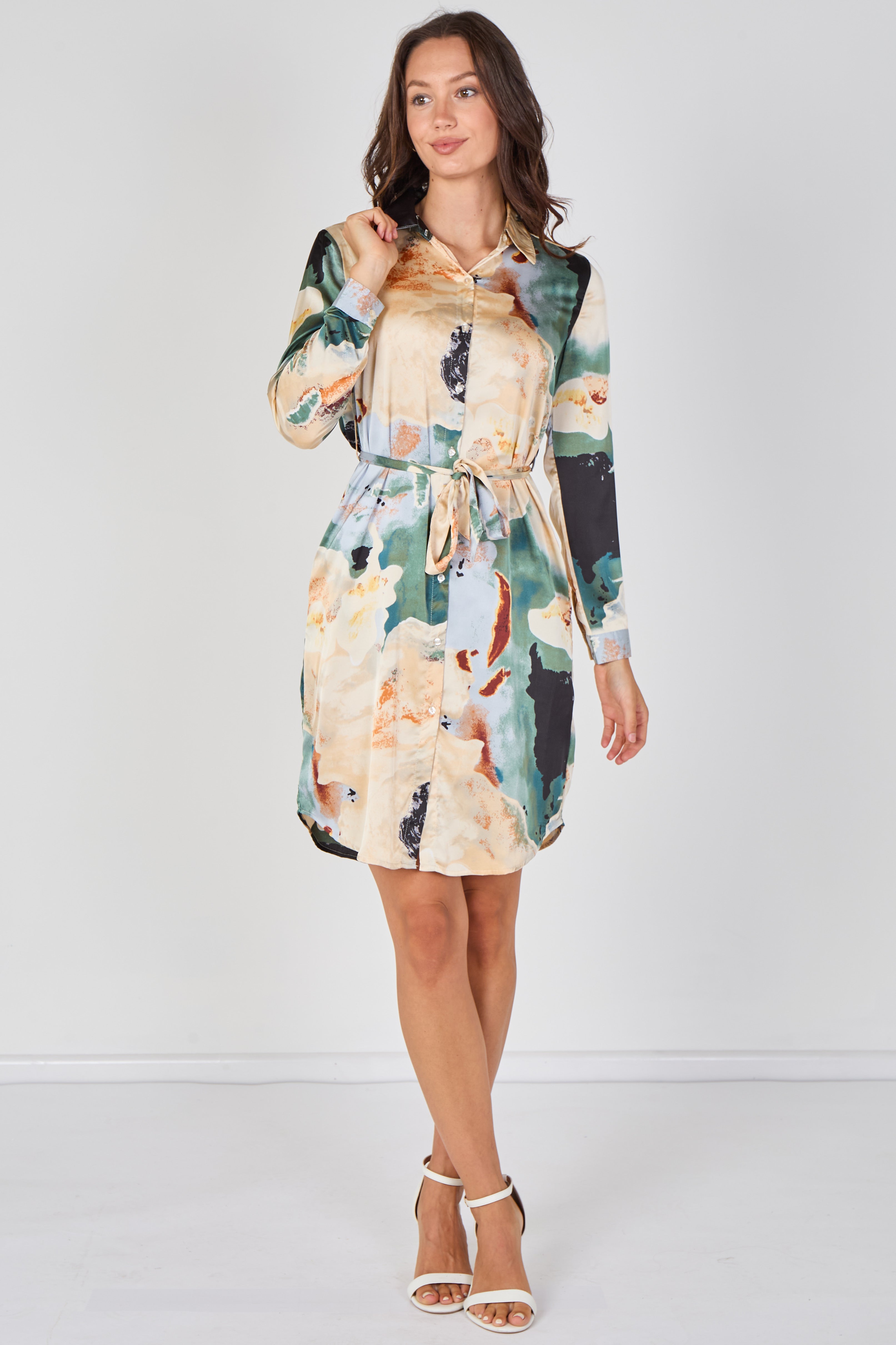 Teal Watercolour Marble Print Belted Shirt Dress LS-5026-R301-Teal