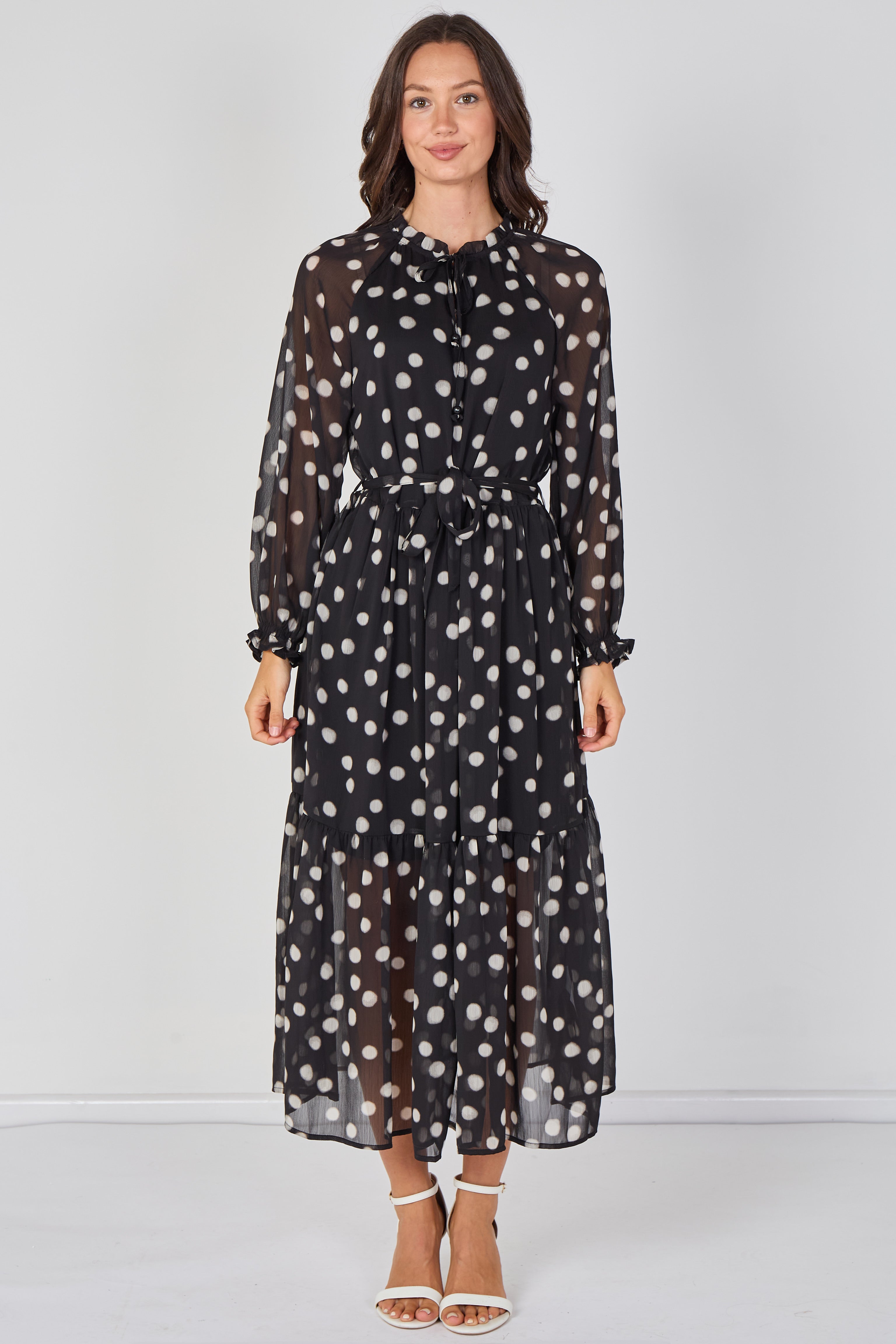Black Polka Dot Chiffon Belted Maxi Dress LS-2512-BK3