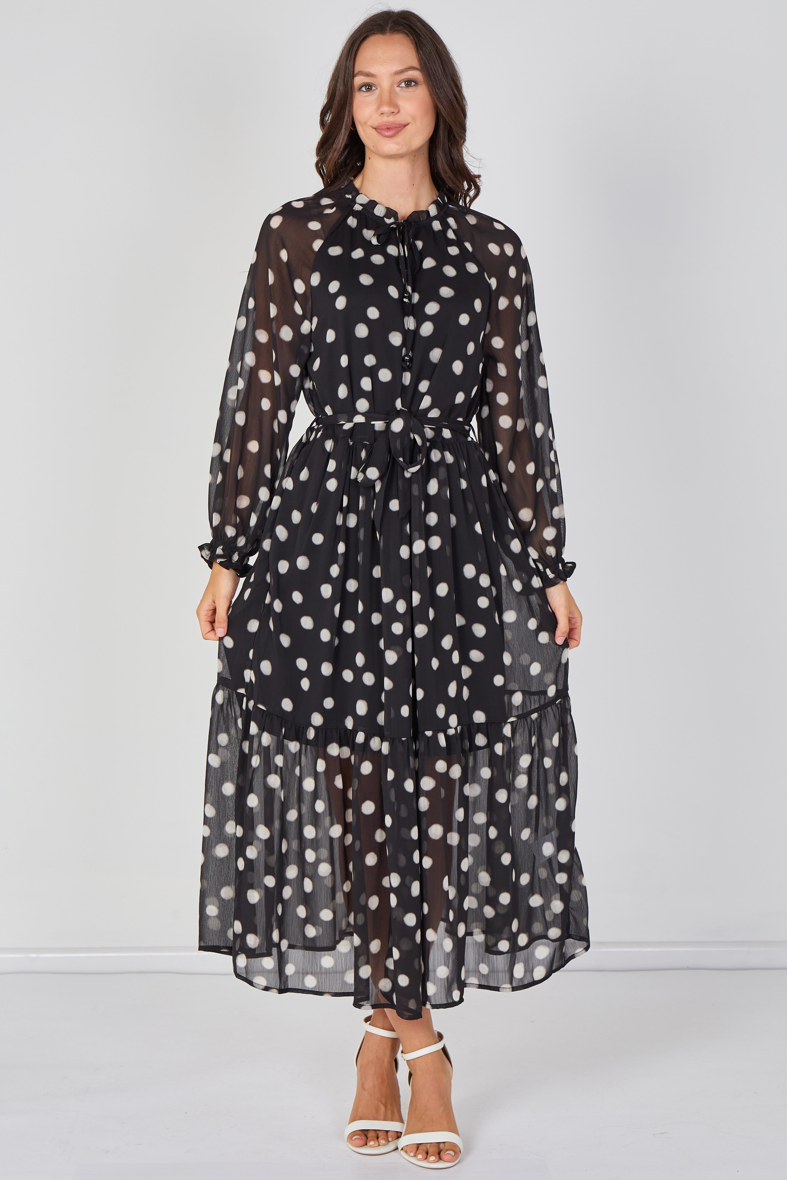 Black Polka Dot Chiffon Belted Maxi Dress LS-2512-BK3