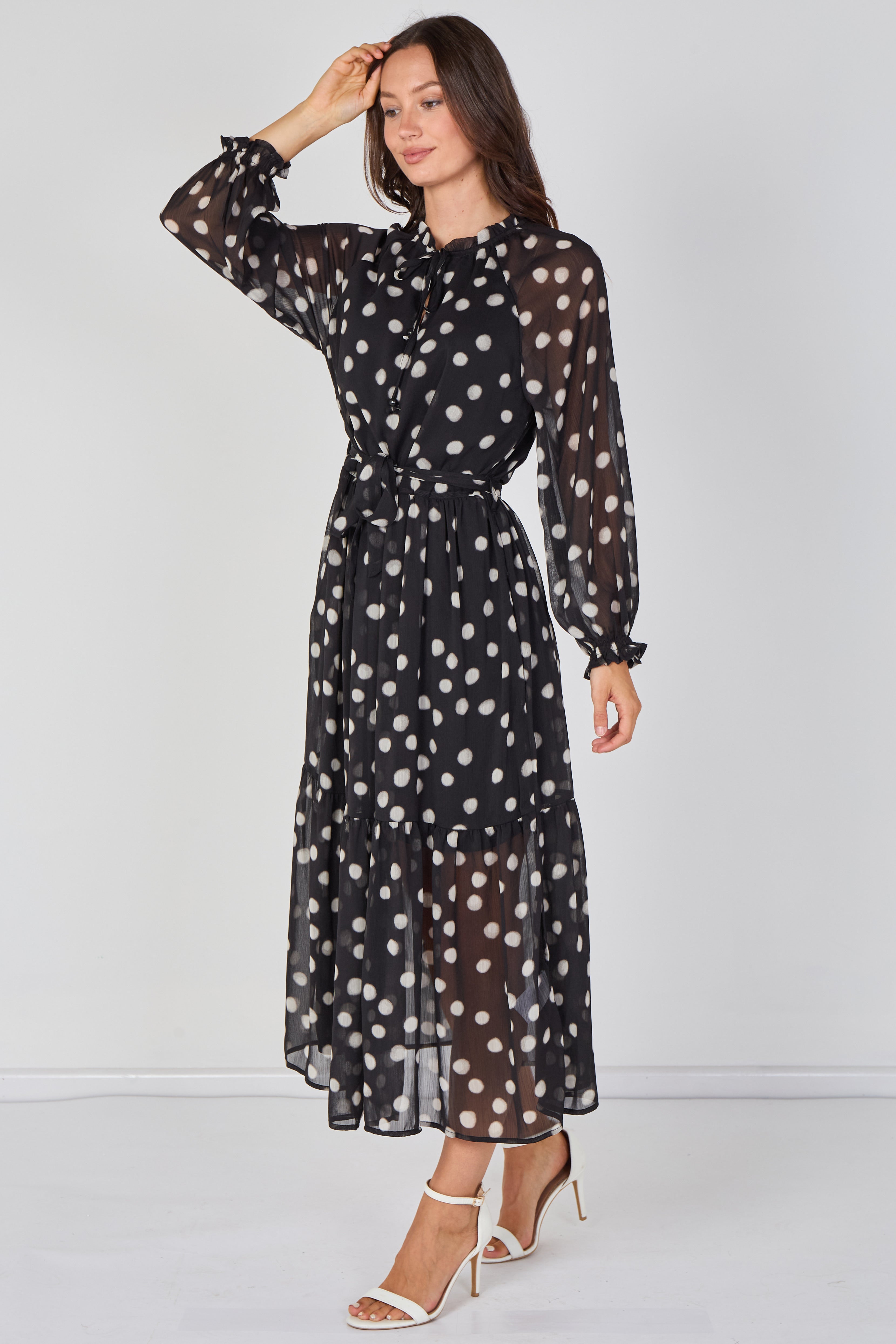 Black Polka Dot Chiffon Belted Maxi Dress LS-2512-BK3