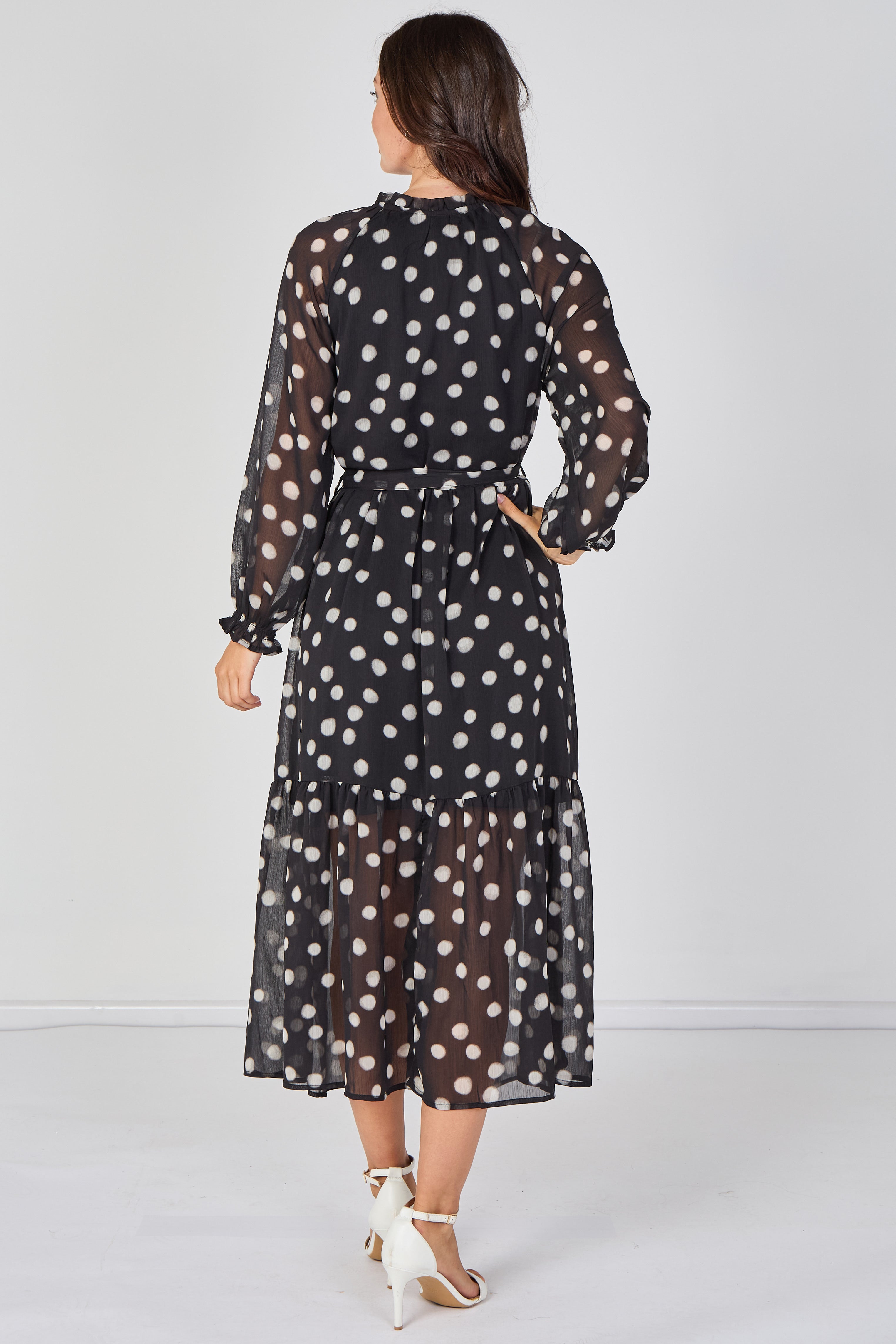 Black Polka Dot Chiffon Belted Maxi Dress LS-2512-BK3