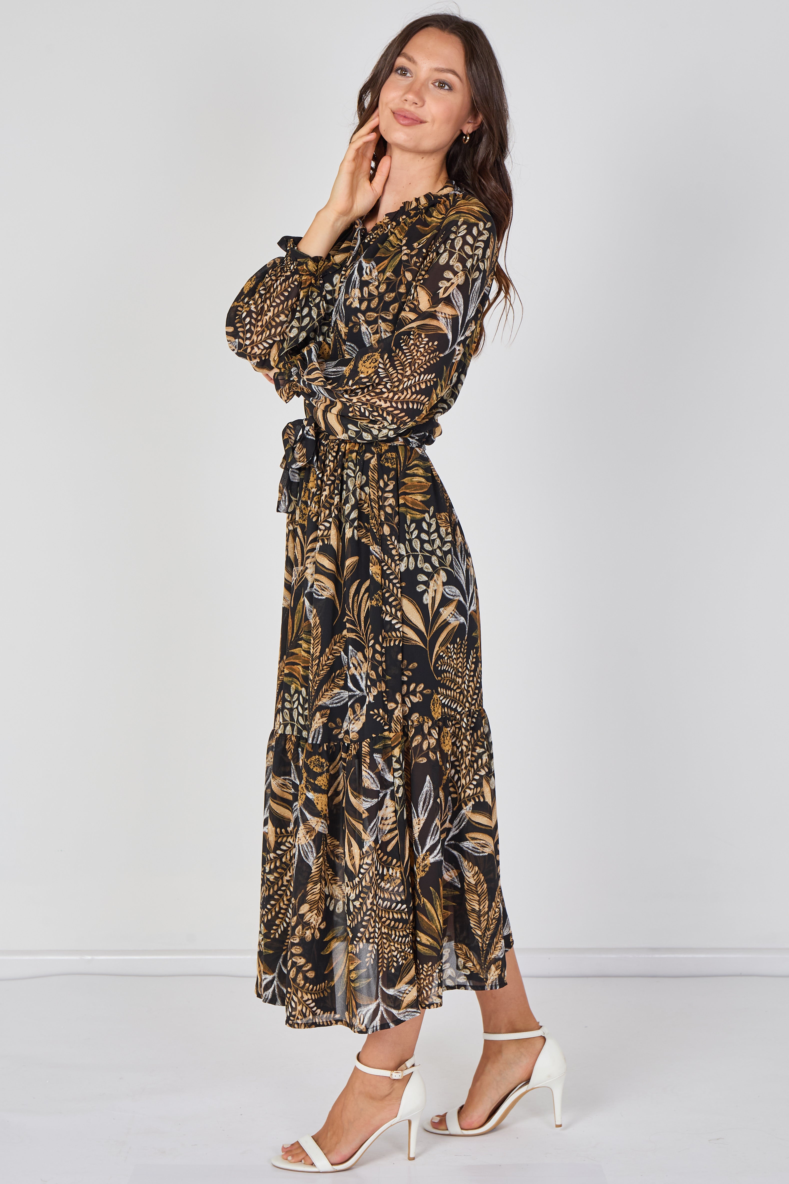 Black Botanical Chiffon Belted Maxi Dress LS-2512-BK2