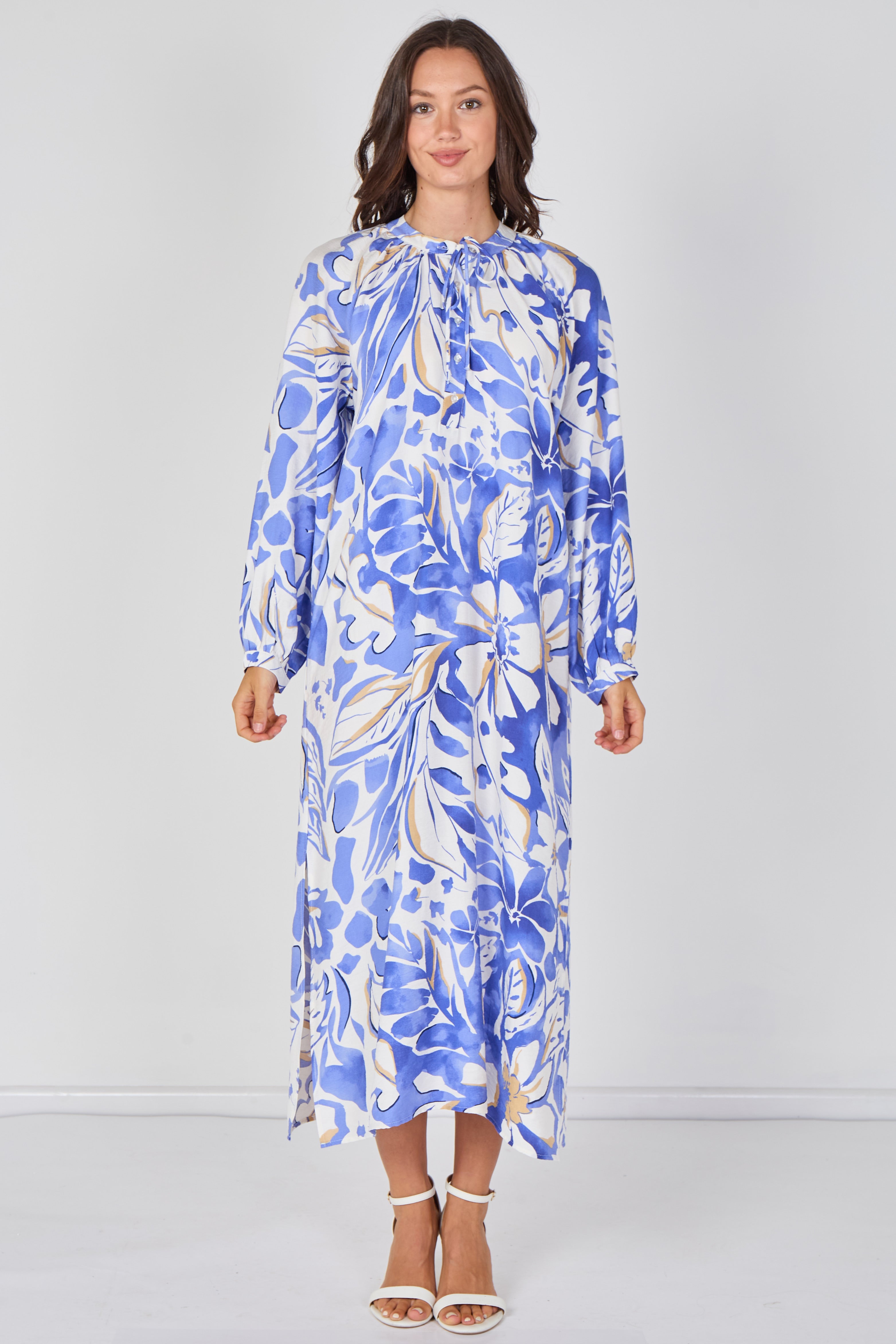 Blue Tropical Leaf Print Maxi Dress LS-2457-QB2