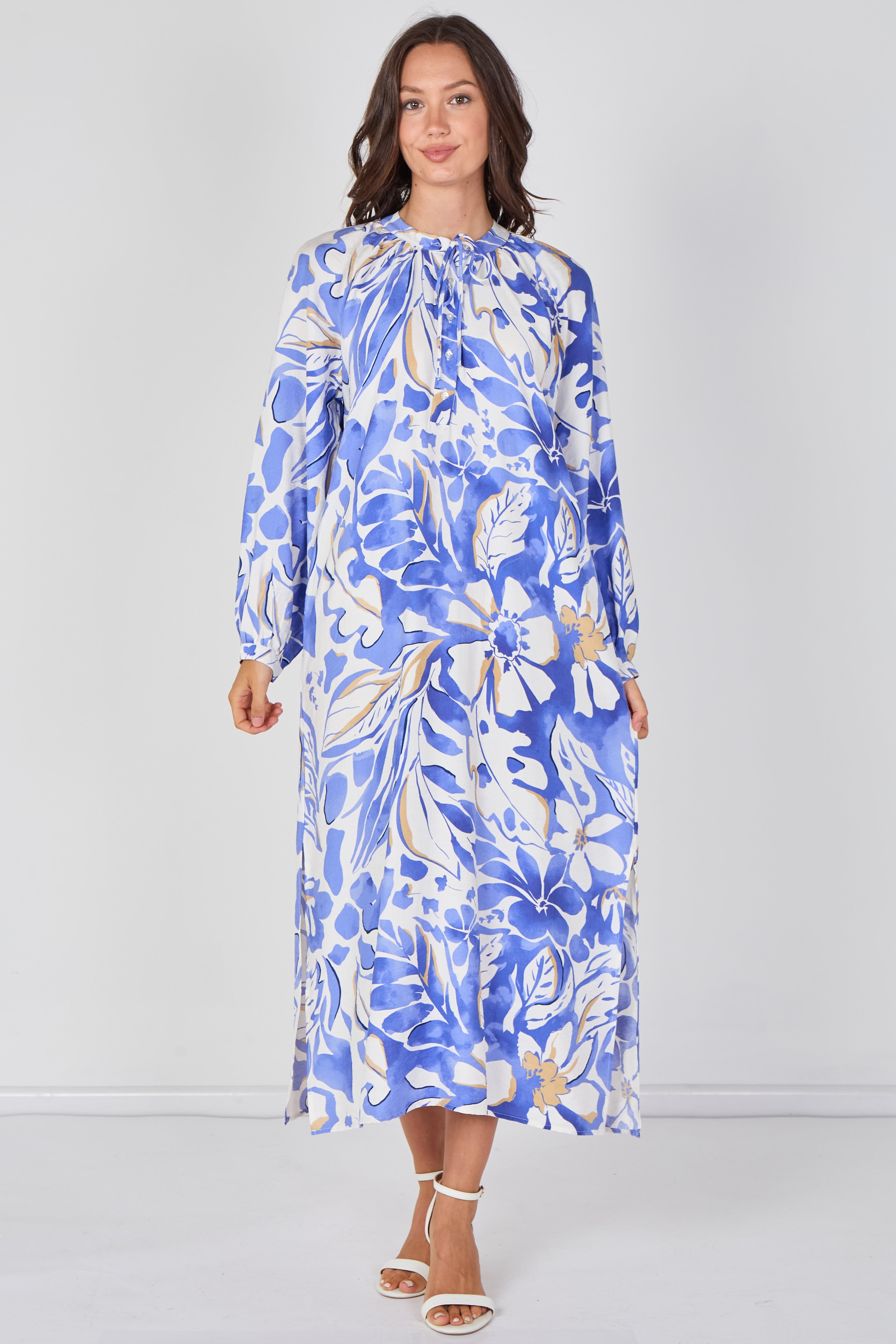 Blue Tropical Leaf Print Maxi Dress LS-2457-QB2