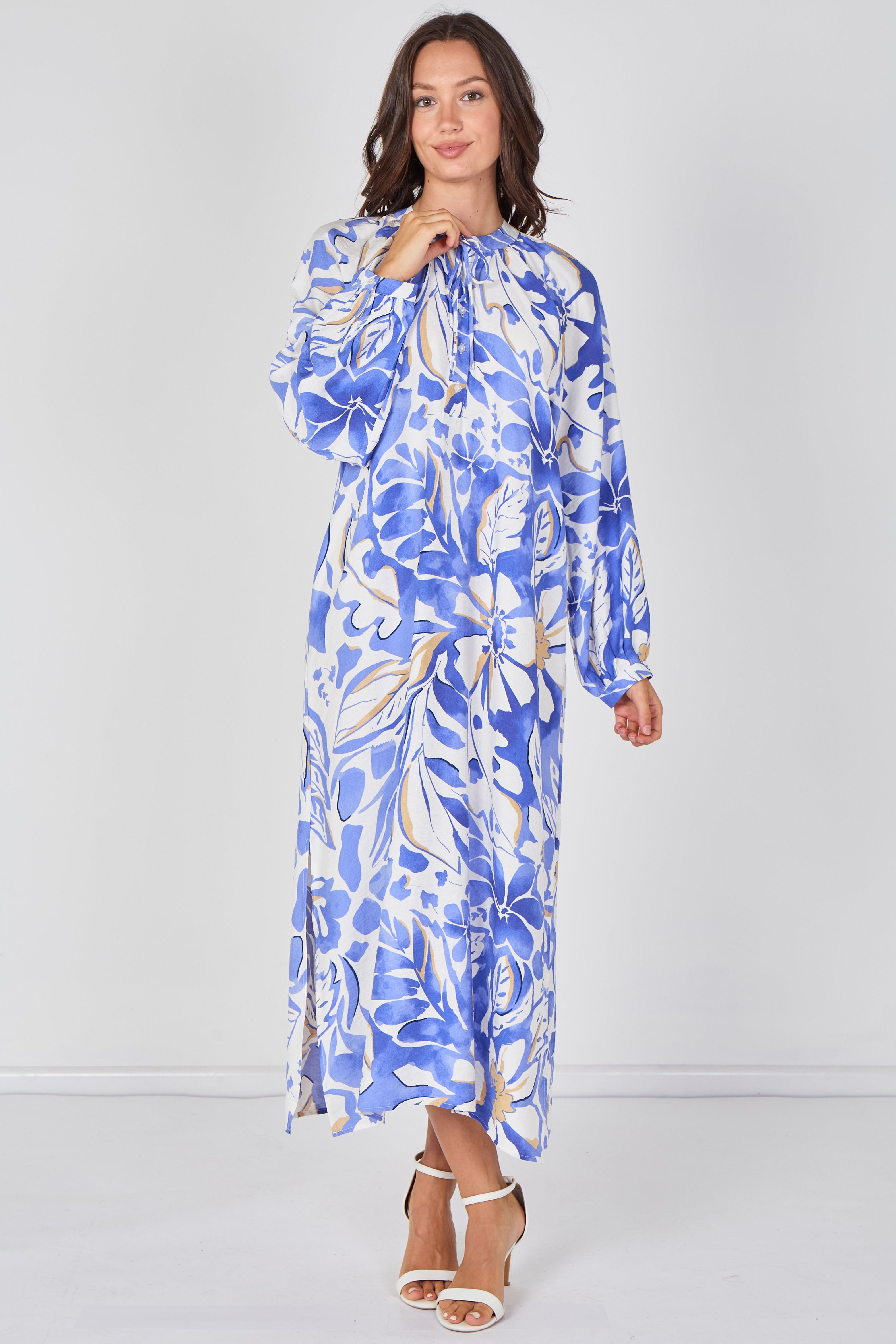 Blue Tropical Leaf Print Maxi Dress LS-2457-QB2