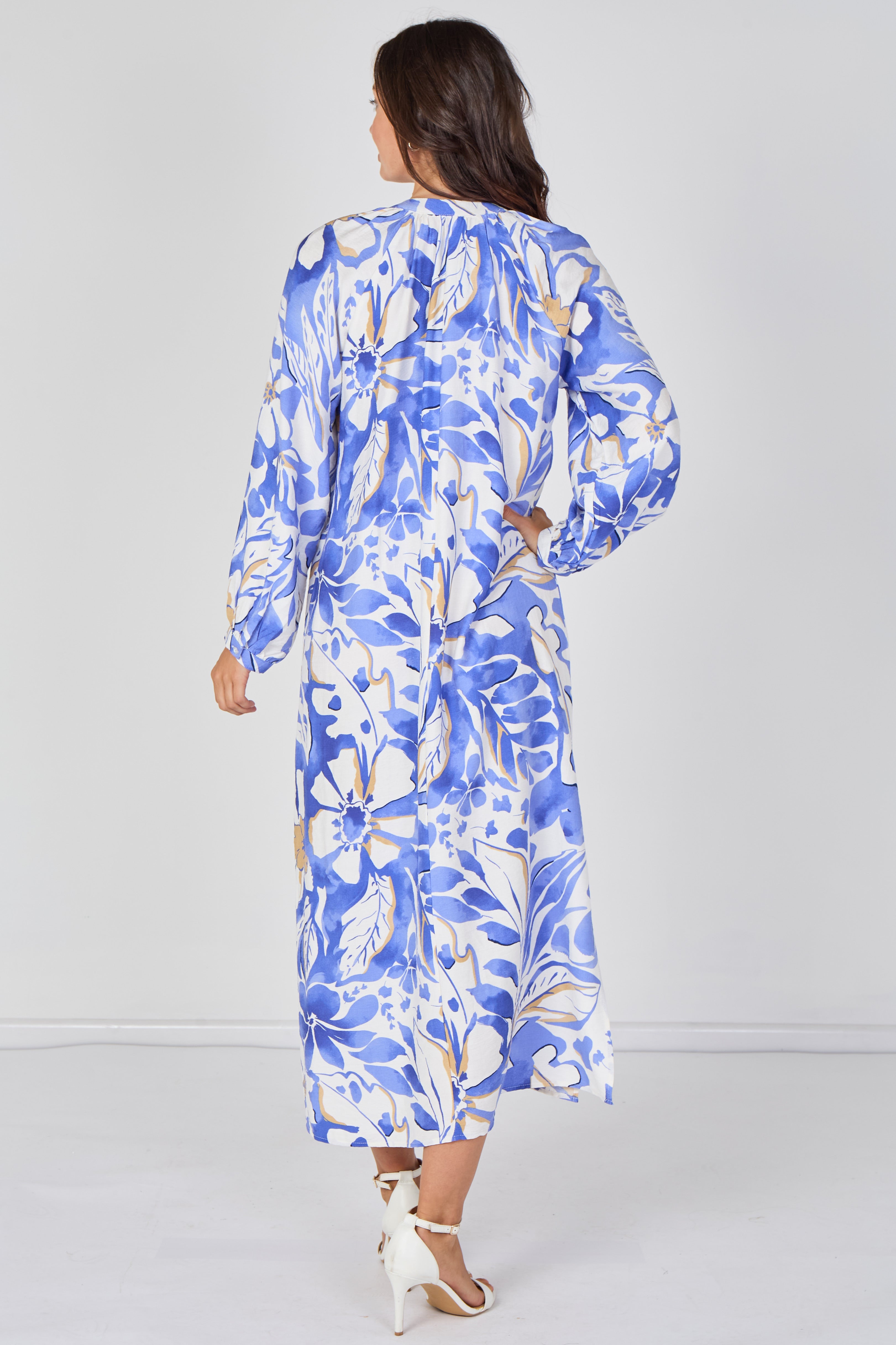 Blue Tropical Leaf Print Maxi Dress LS-2457-QB2