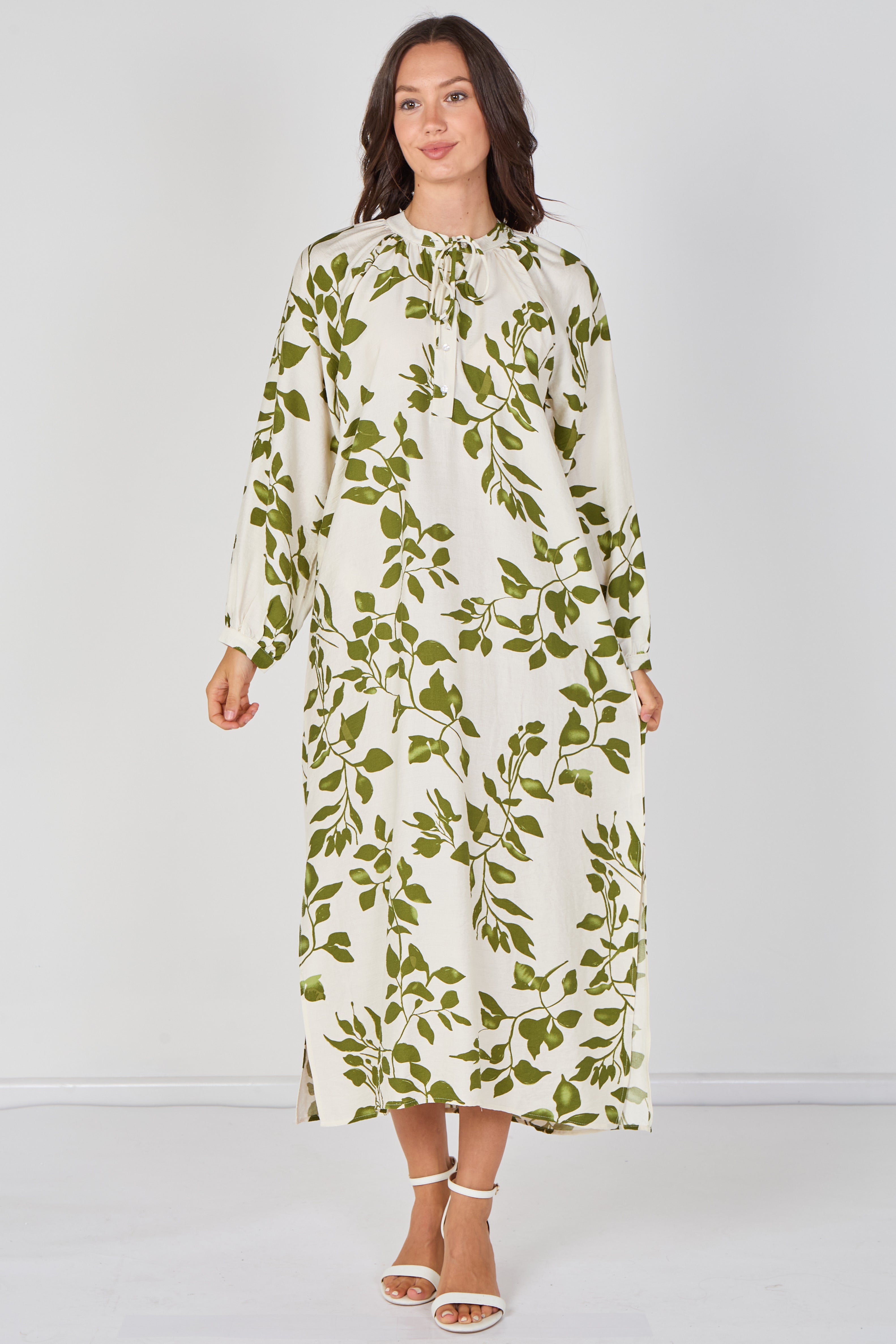 Ivory And Olive Leaf Print Maxi Dress LS-2457-QB3