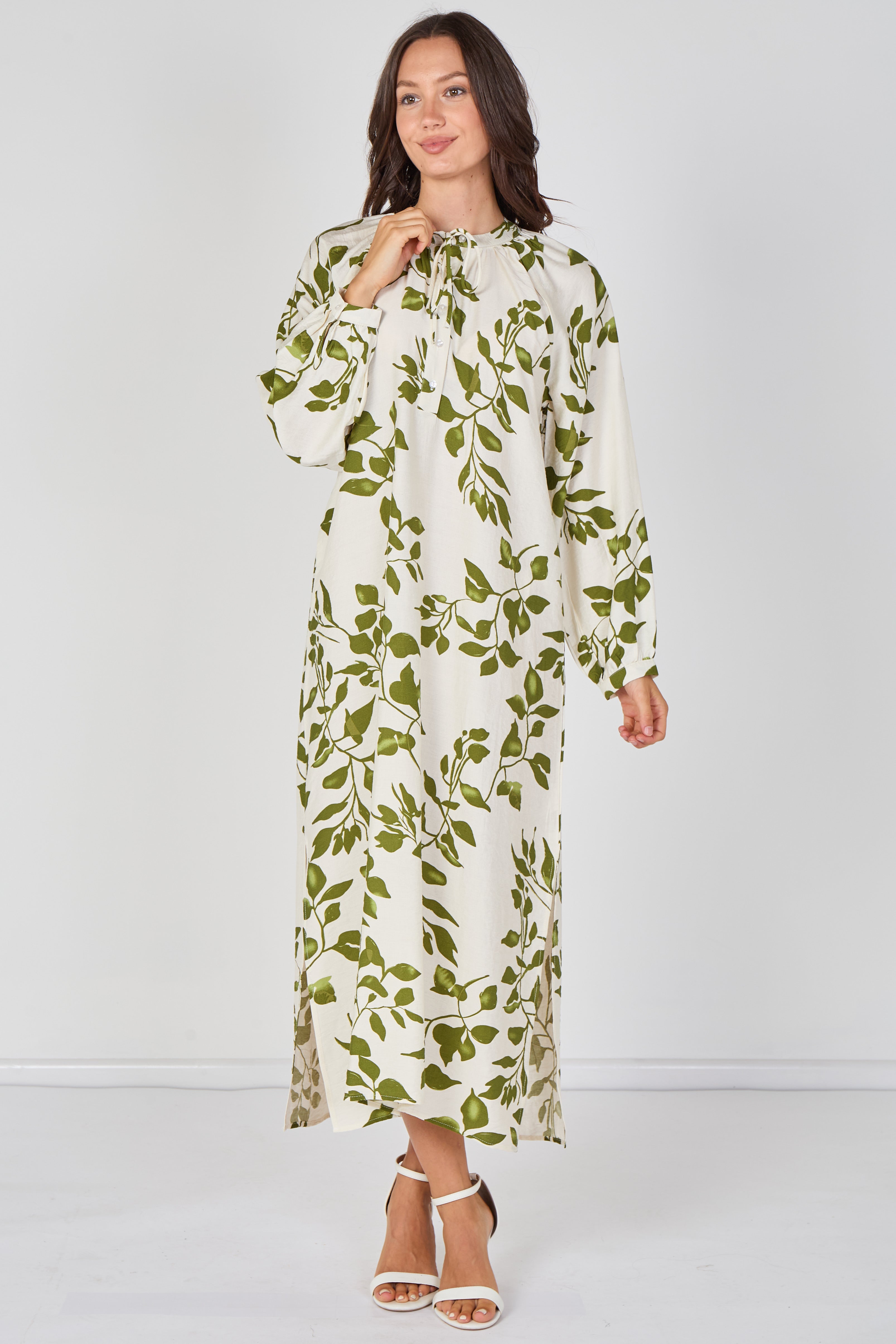 Ivory And Olive Leaf Print Maxi Dress LS-2457-QB3
