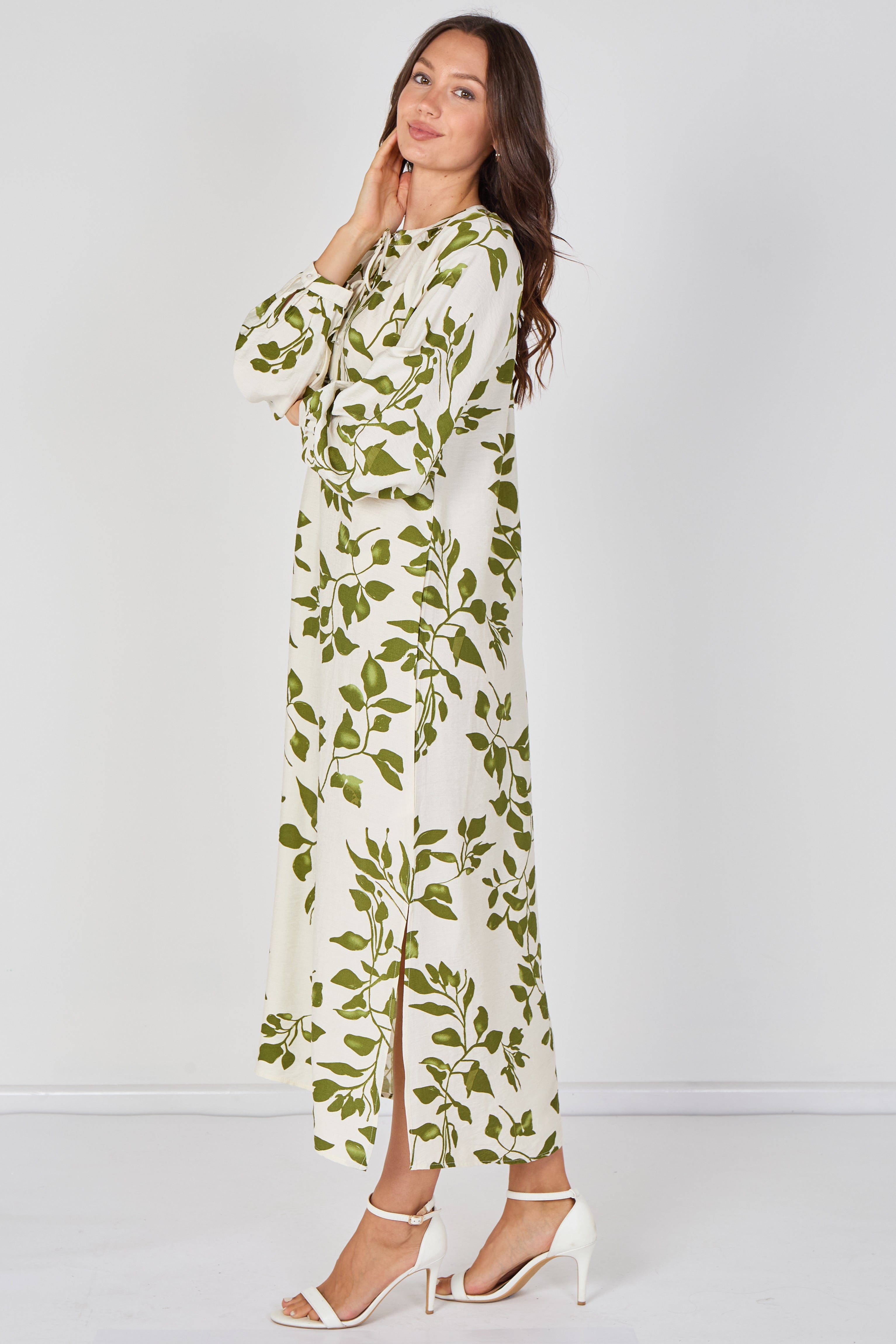 Ivory And Olive Leaf Print Maxi Dress LS-2457-QB3