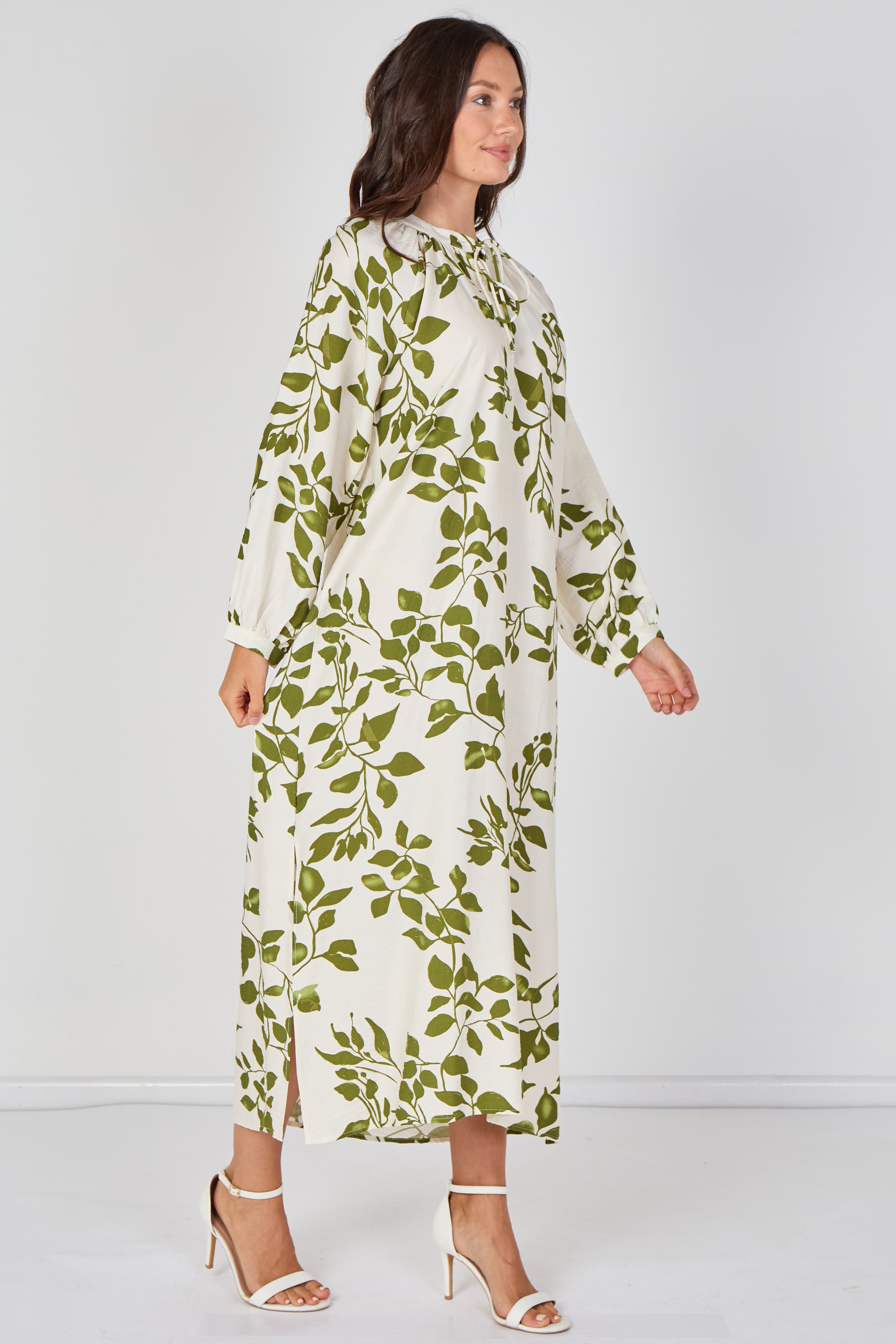Ivory And Olive Leaf Print Maxi Dress LS-2457-QB3