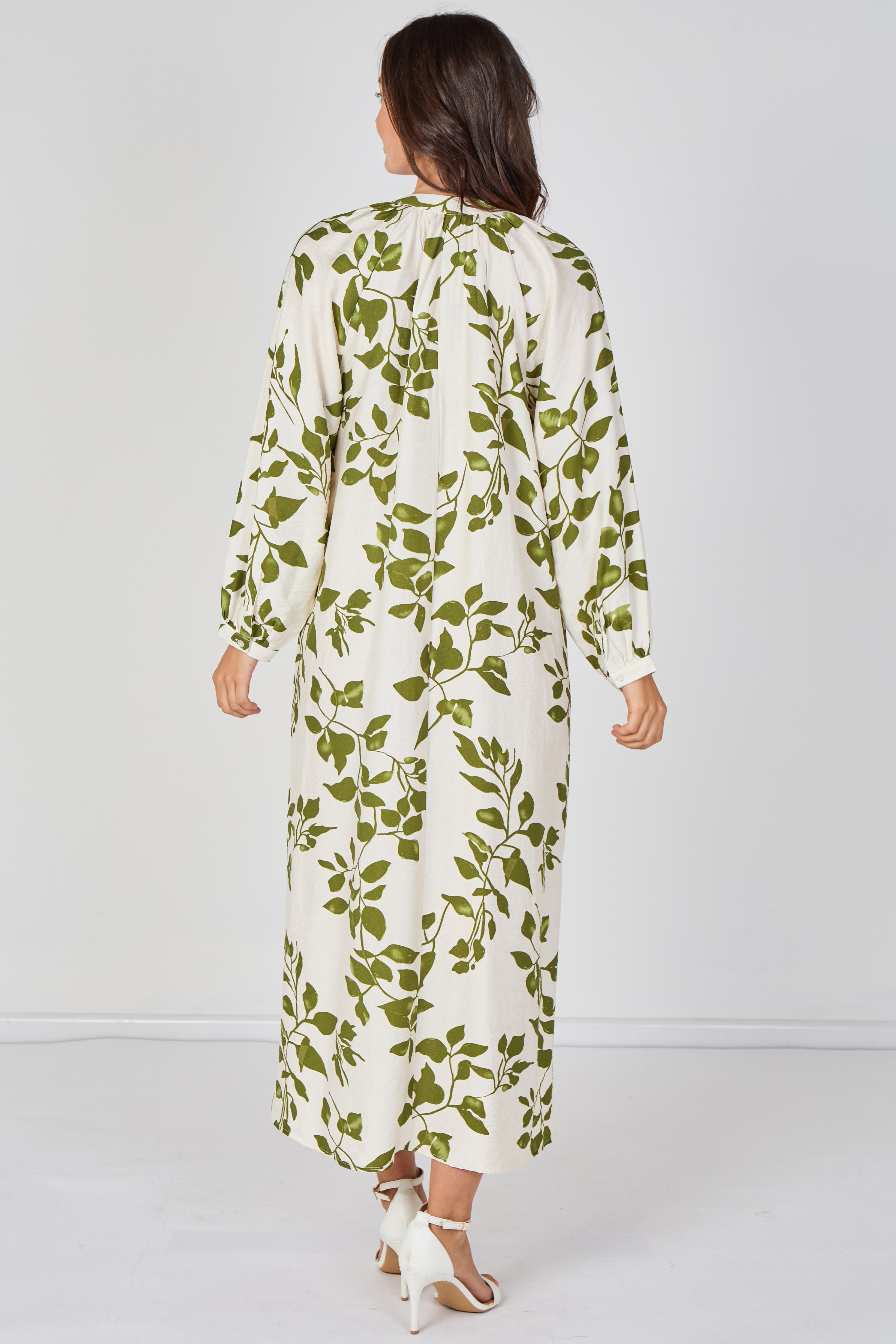 Ivory And Olive Leaf Print Maxi Dress LS-2457-QB3