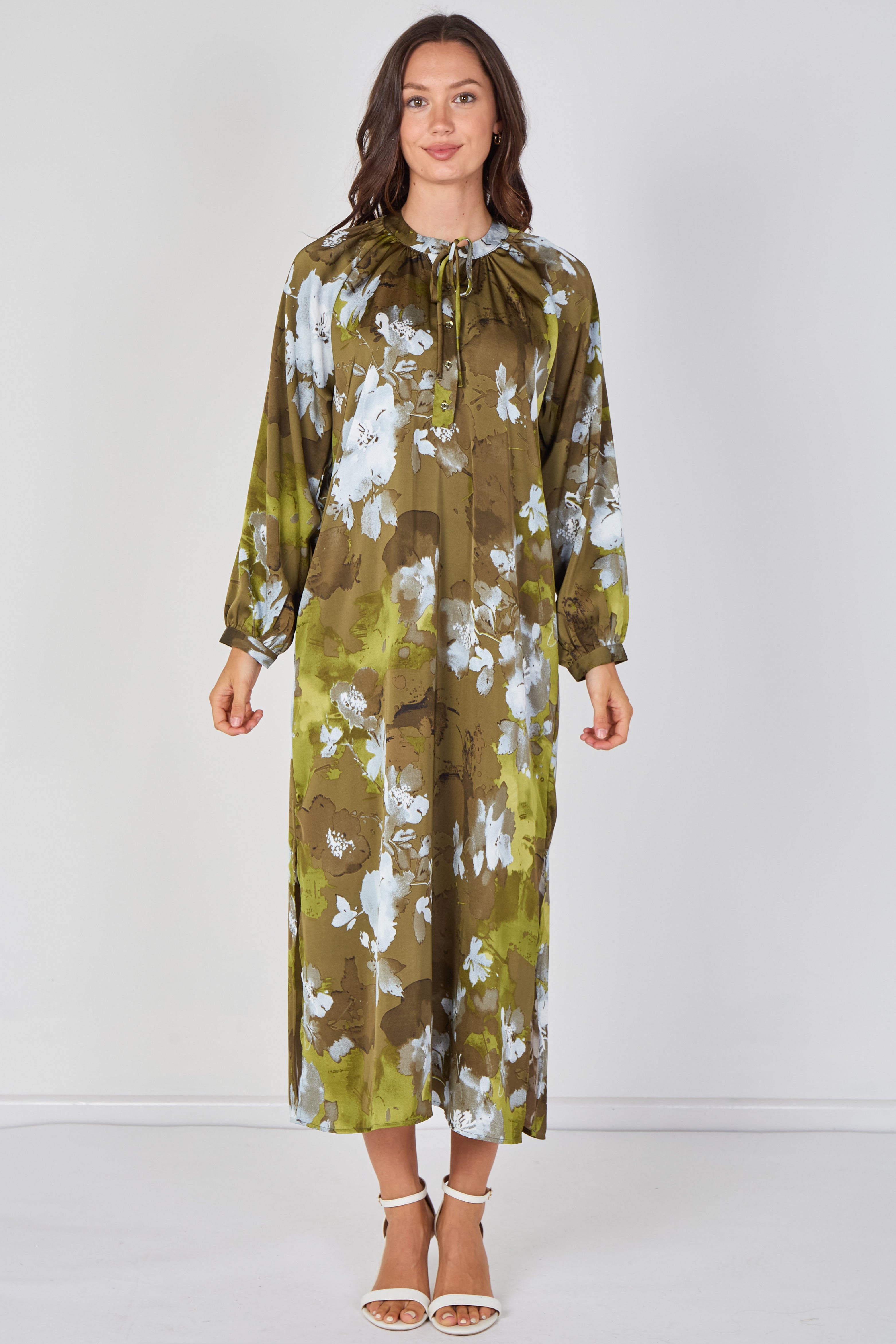 Khaki Watercolour Floral Luxury Satin Maxi Dress LS-2457-QB5