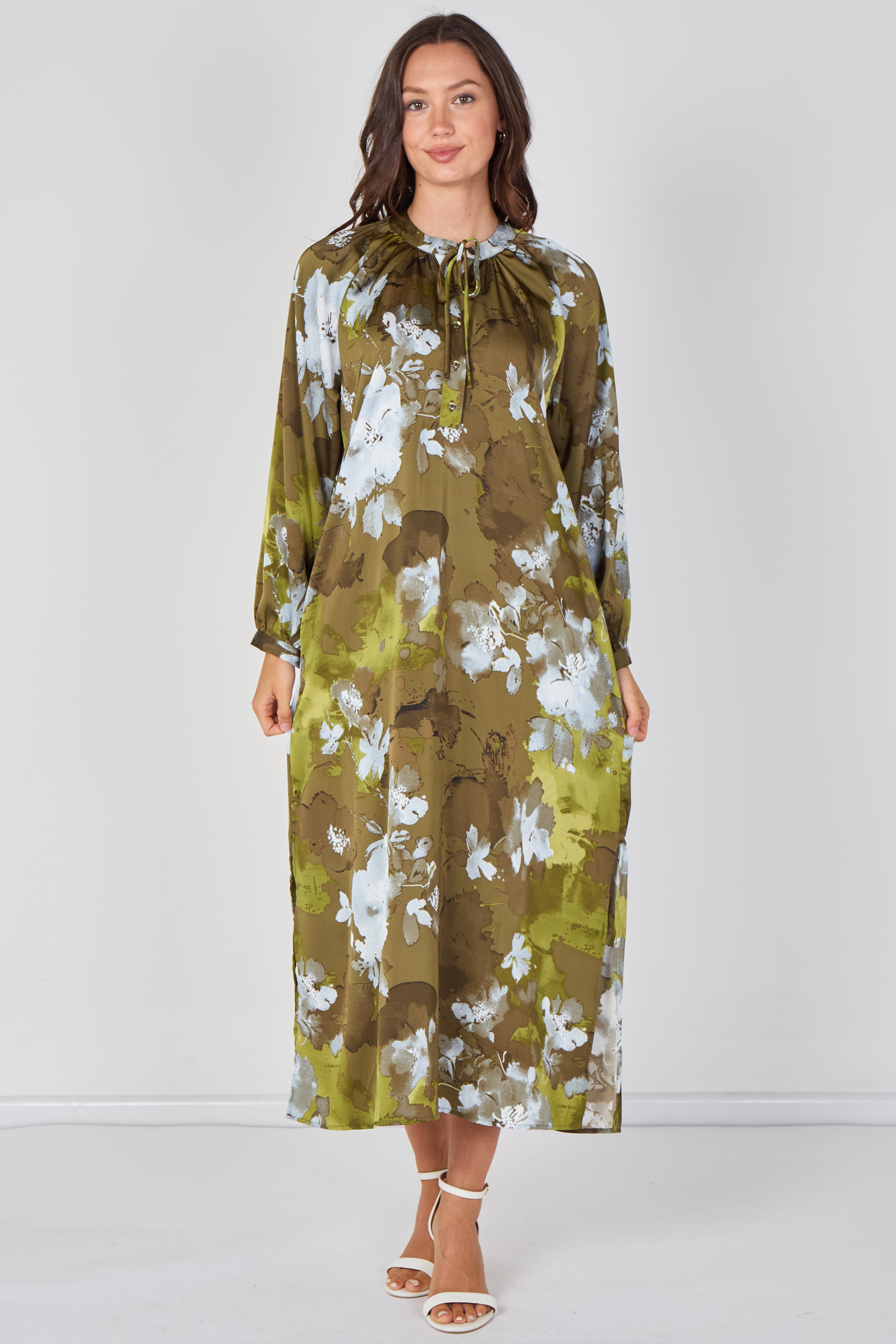Khaki Watercolour Floral Luxury Satin Maxi Dress LS-2457-QB5