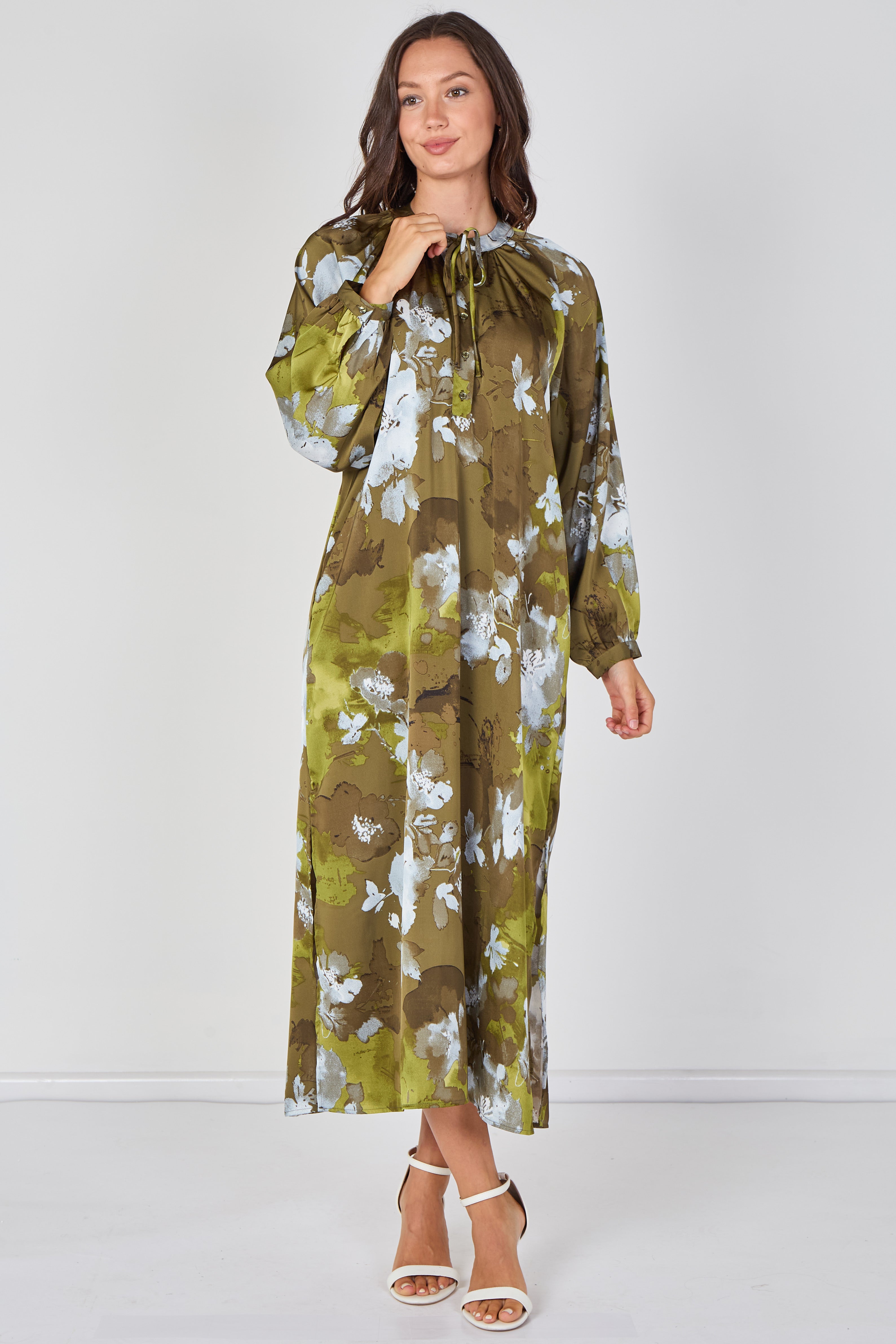 Khaki Watercolour Floral Luxury Satin Maxi Dress LS-2457-QB5