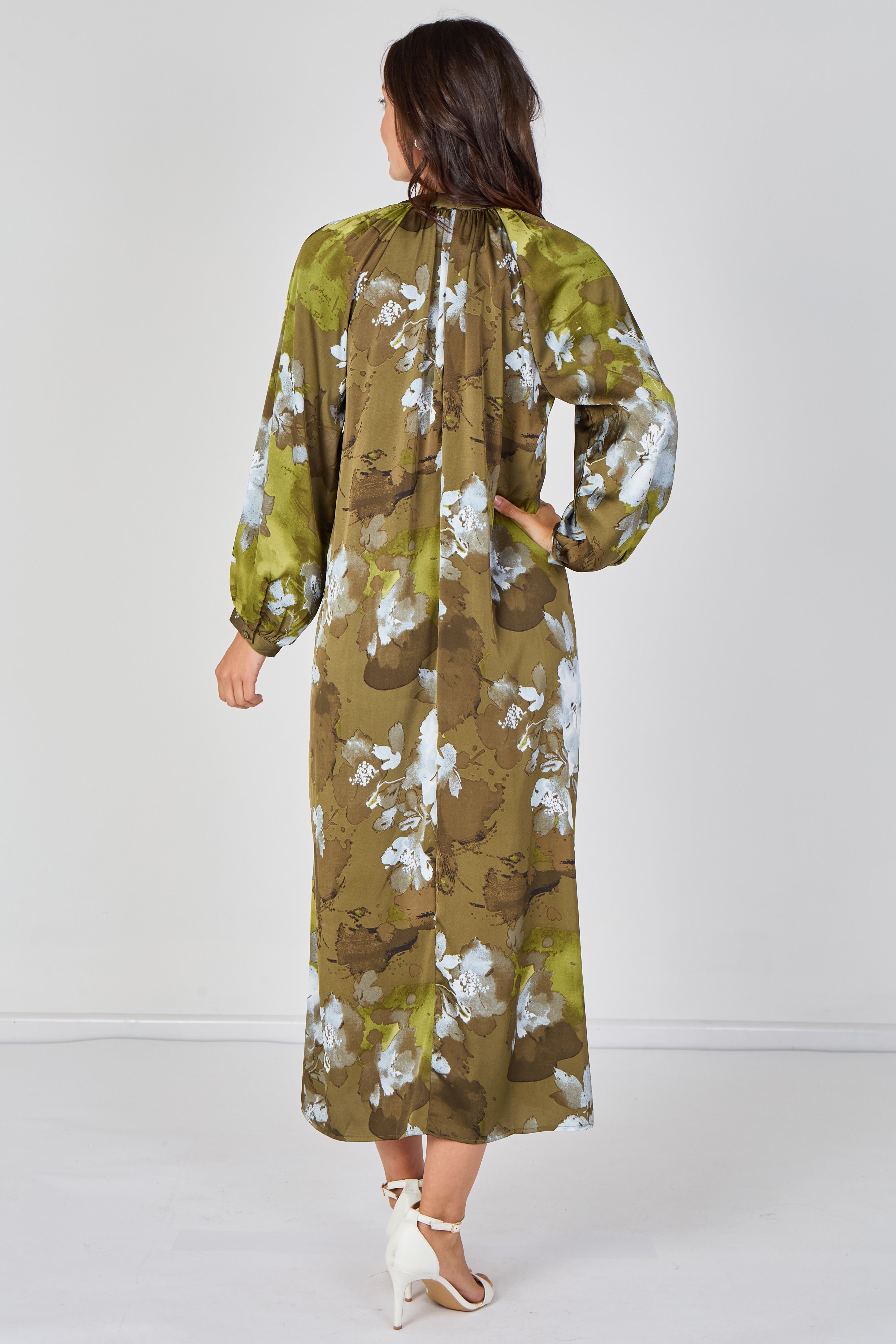Khaki Watercolour Floral Luxury Satin Maxi Dress LS-2457-QB5