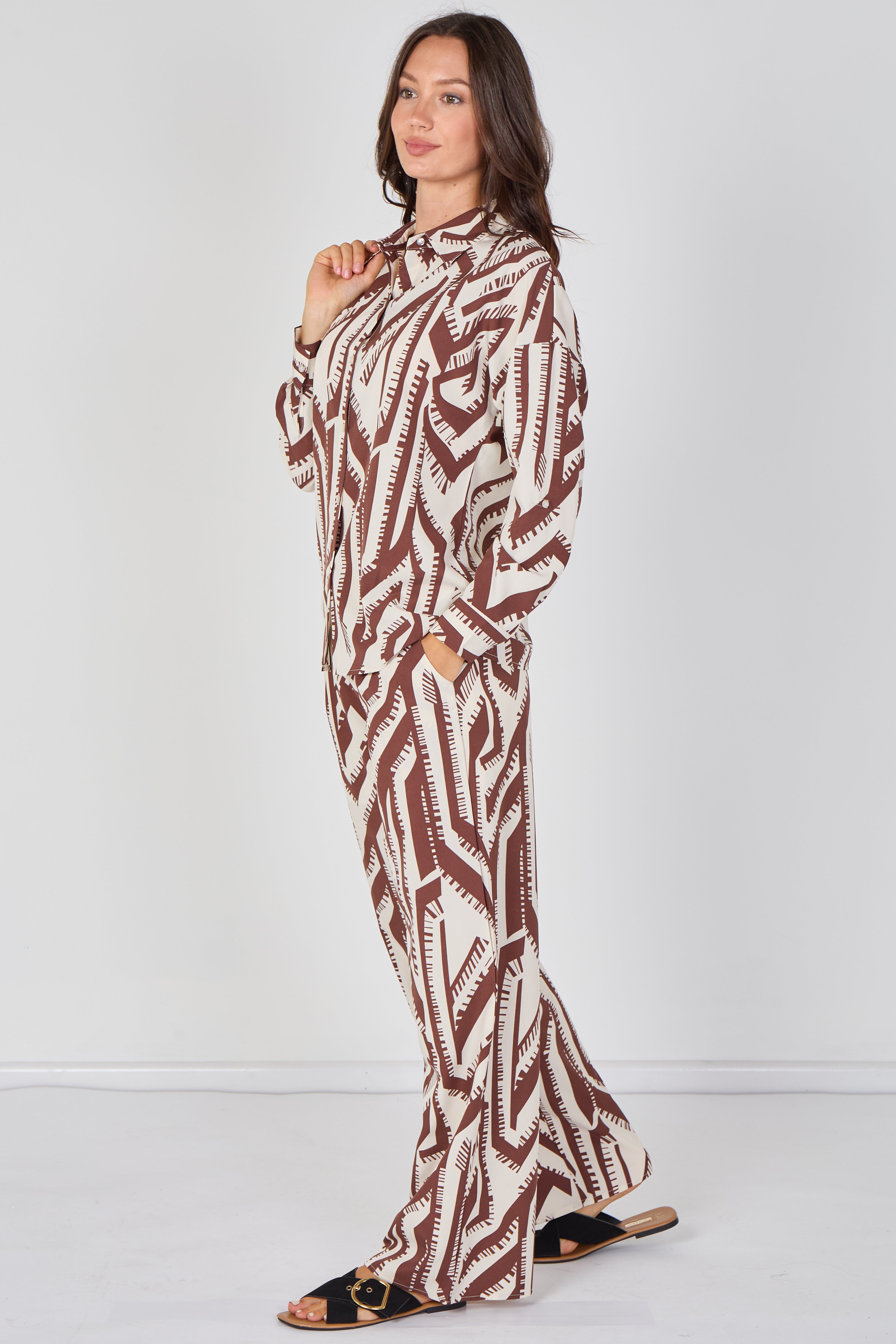 Cream And Chocolate Geo Print Co-ord Set LS-2268&2508-LE6