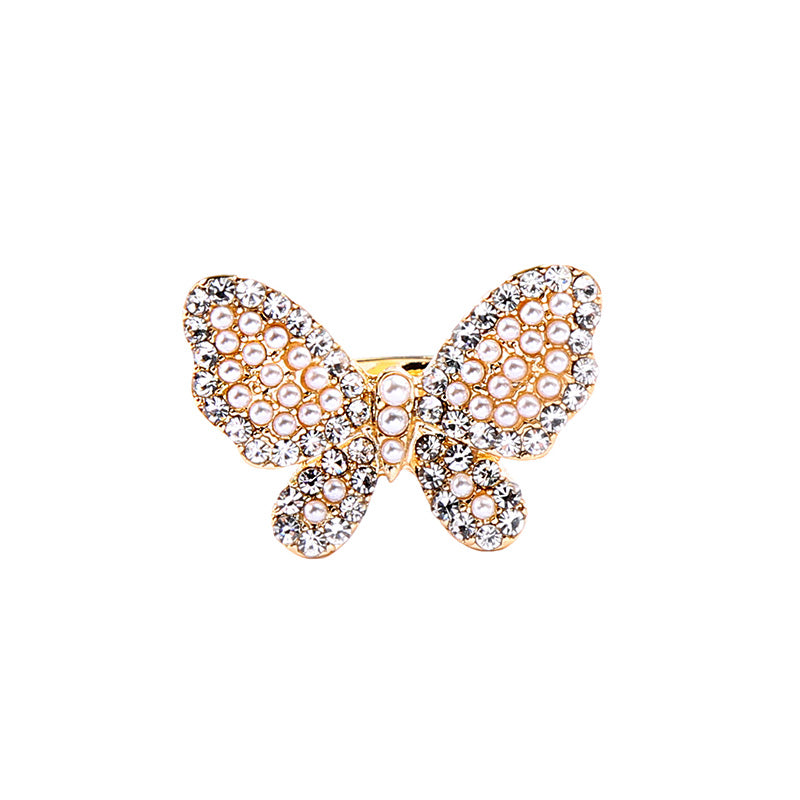 Pearl & Crystal Encrusted Butterfly Ring In Gold LR022G