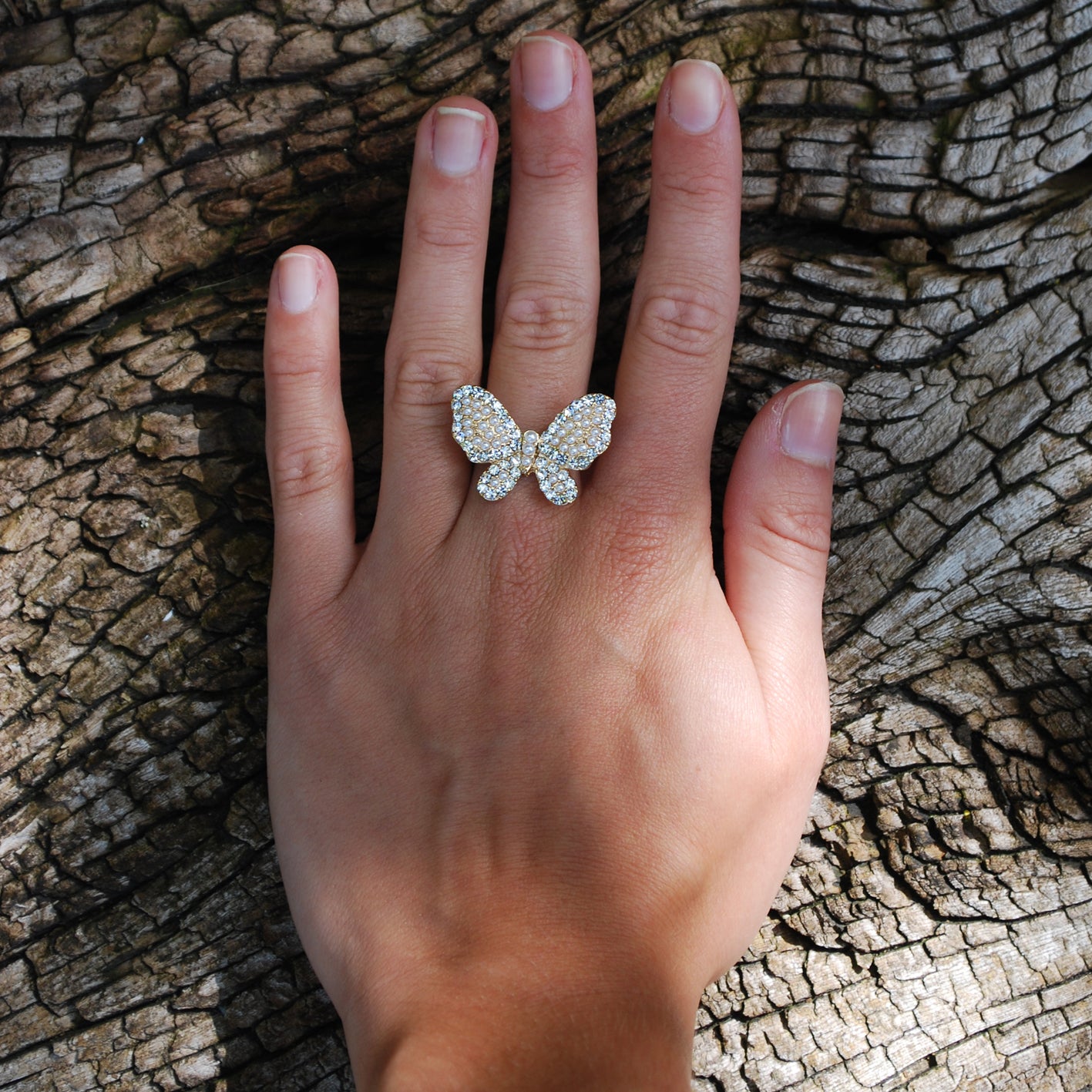 Pearl & Crystal Encrusted Butterfly Ring In Gold LR022G