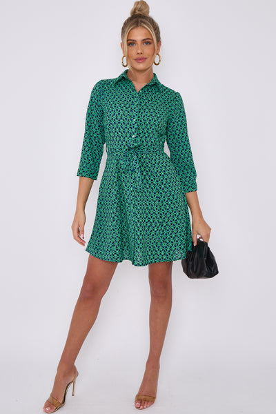 Green - Green Geo Print Belted Mini Shirt Dress by LOVE SUNSHINE