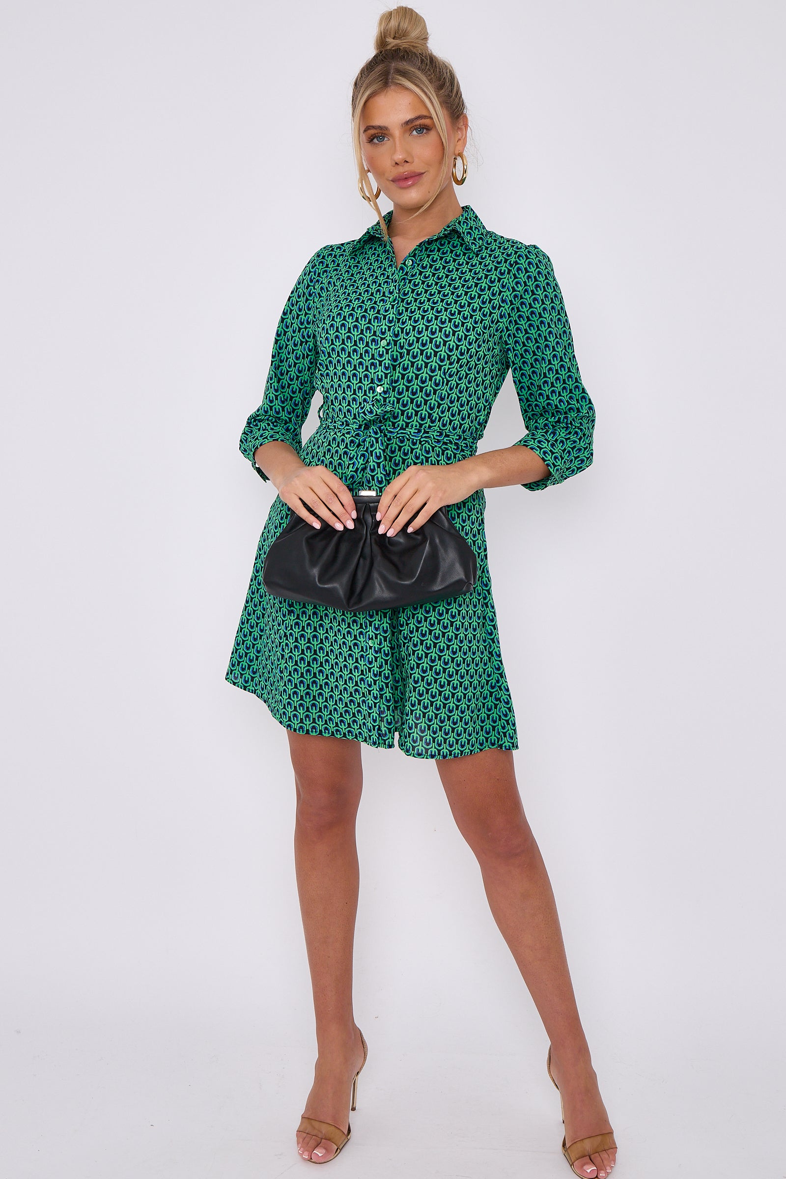 Green Geo Print Belted Mini Shirt Dress LS2143-G1