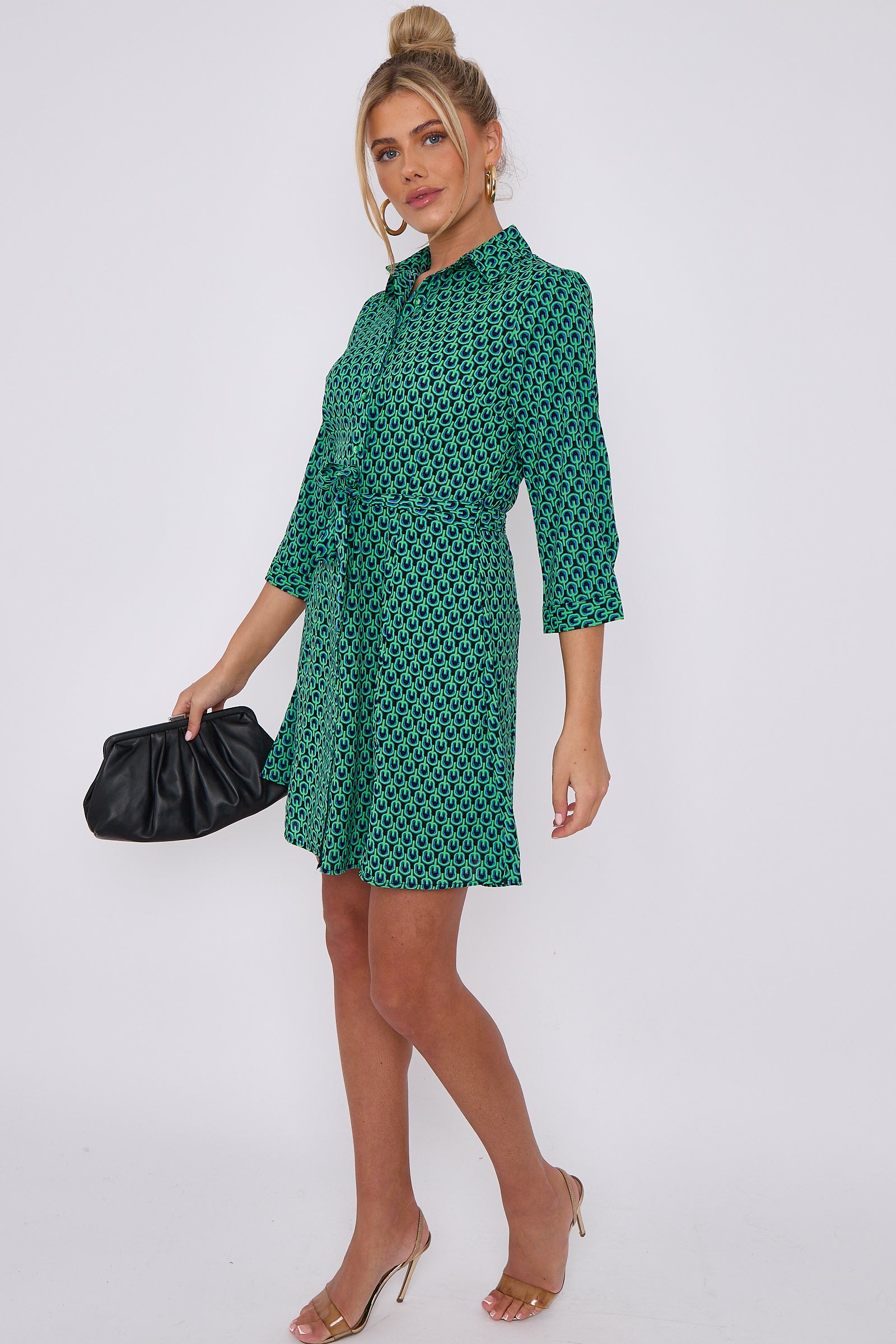 Green Geo Print Belted Mini Shirt Dress LS2143-G1