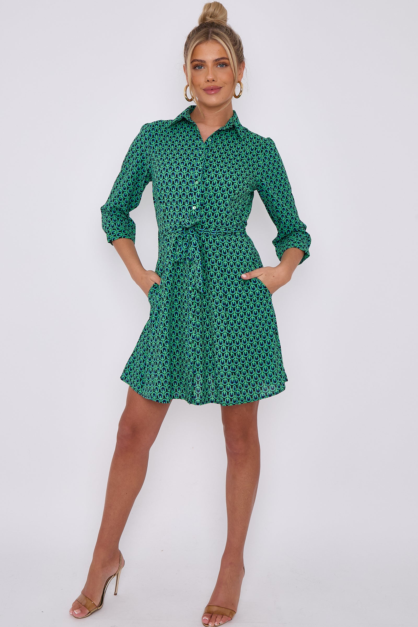 Green Geo Print Belted Mini Shirt Dress LS2143-G1