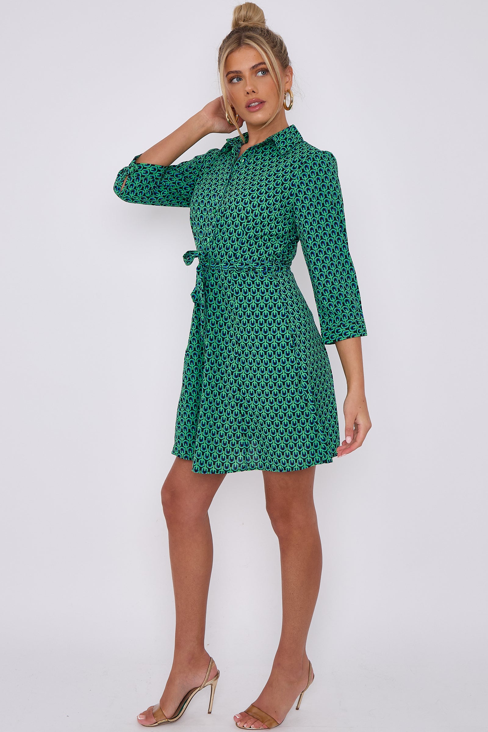 Green Geo Print Belted Mini Shirt Dress LS2143-G1