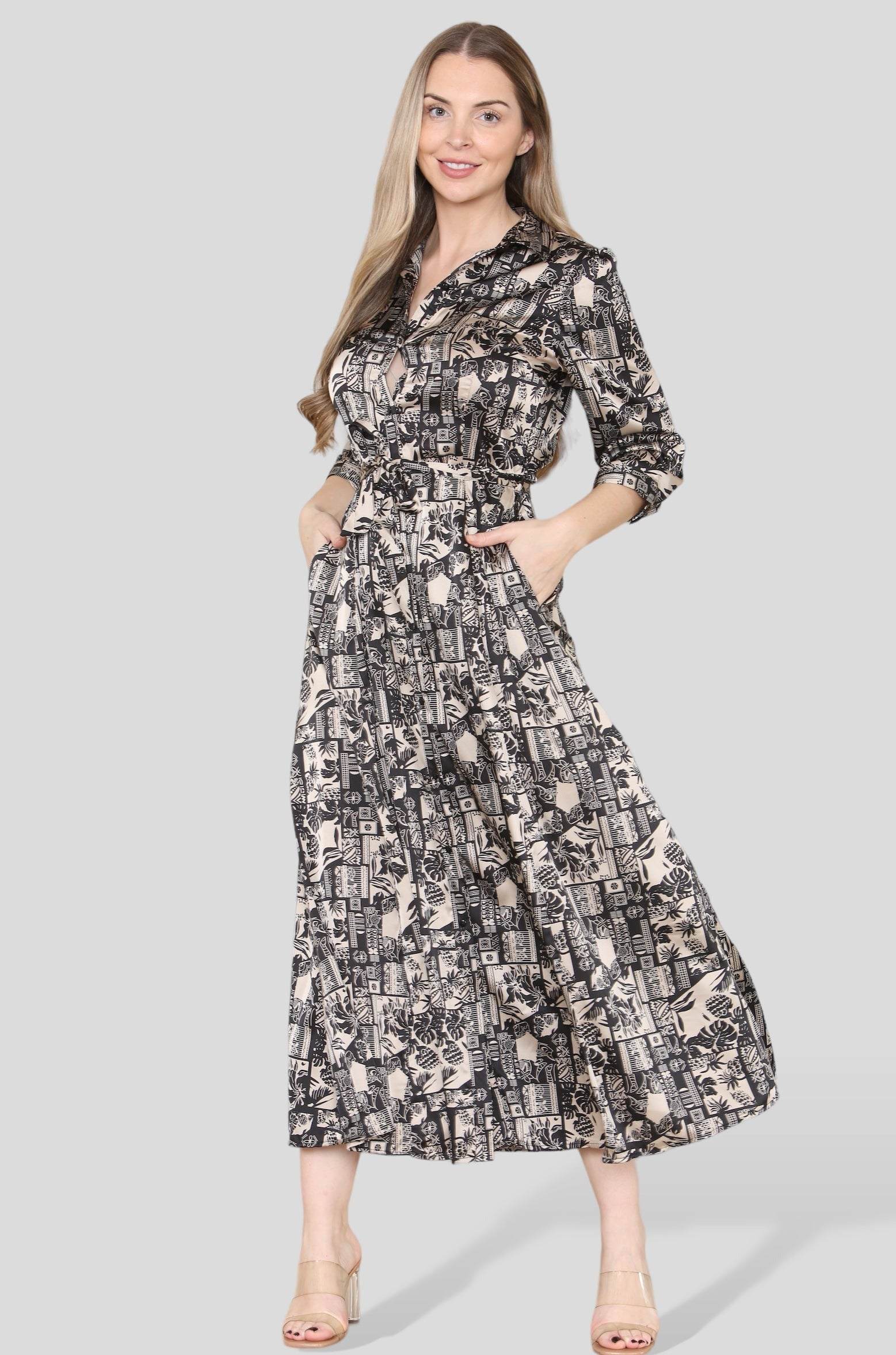 Mono Mixed Scarf Print Satin Maxi Shirt Dress LS-2280-C9