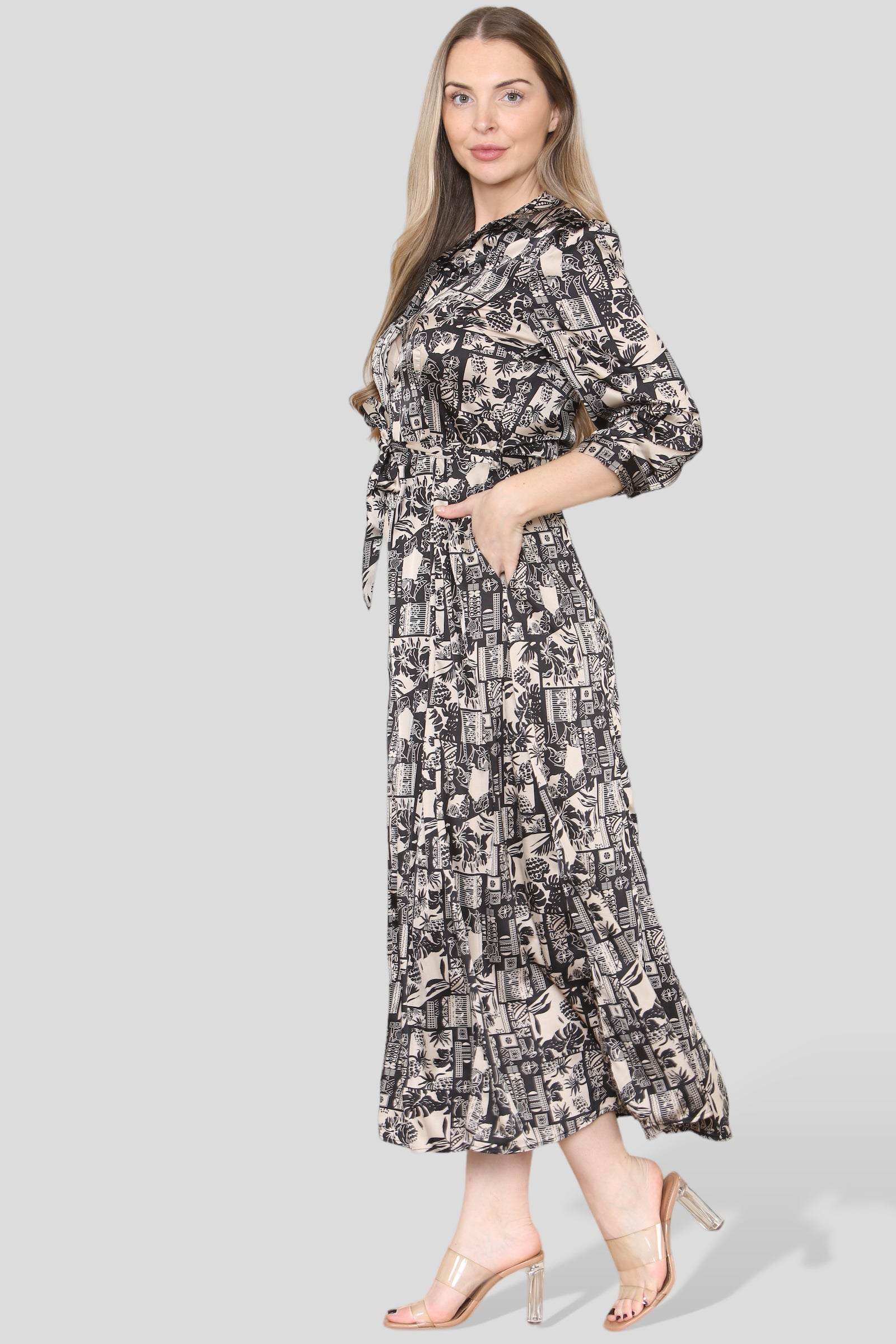 Mono Mixed Scarf Print Satin Maxi Shirt Dress LS-2280-C9