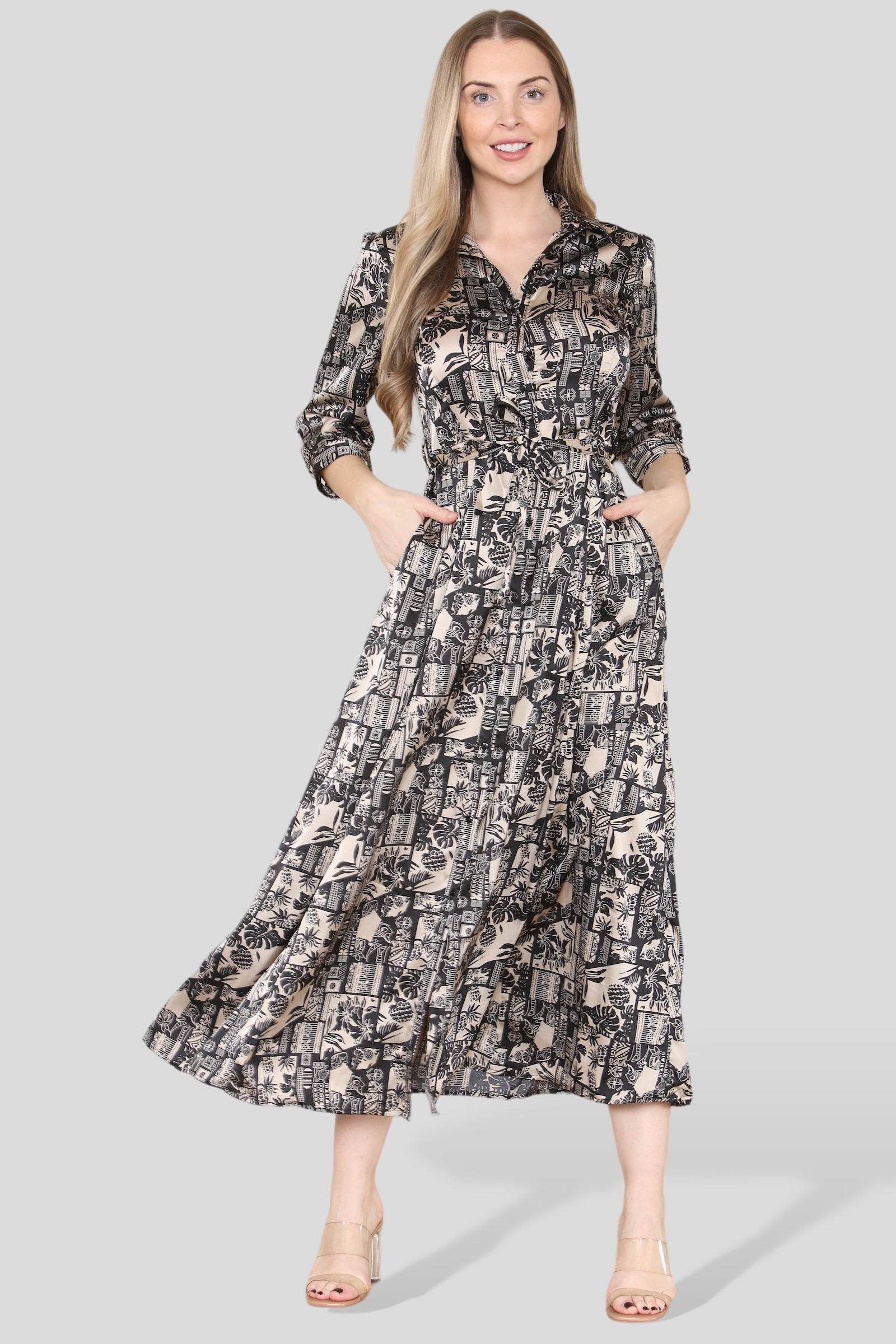 Mono Mixed Scarf Print Satin Maxi Shirt Dress LS-2280-C9