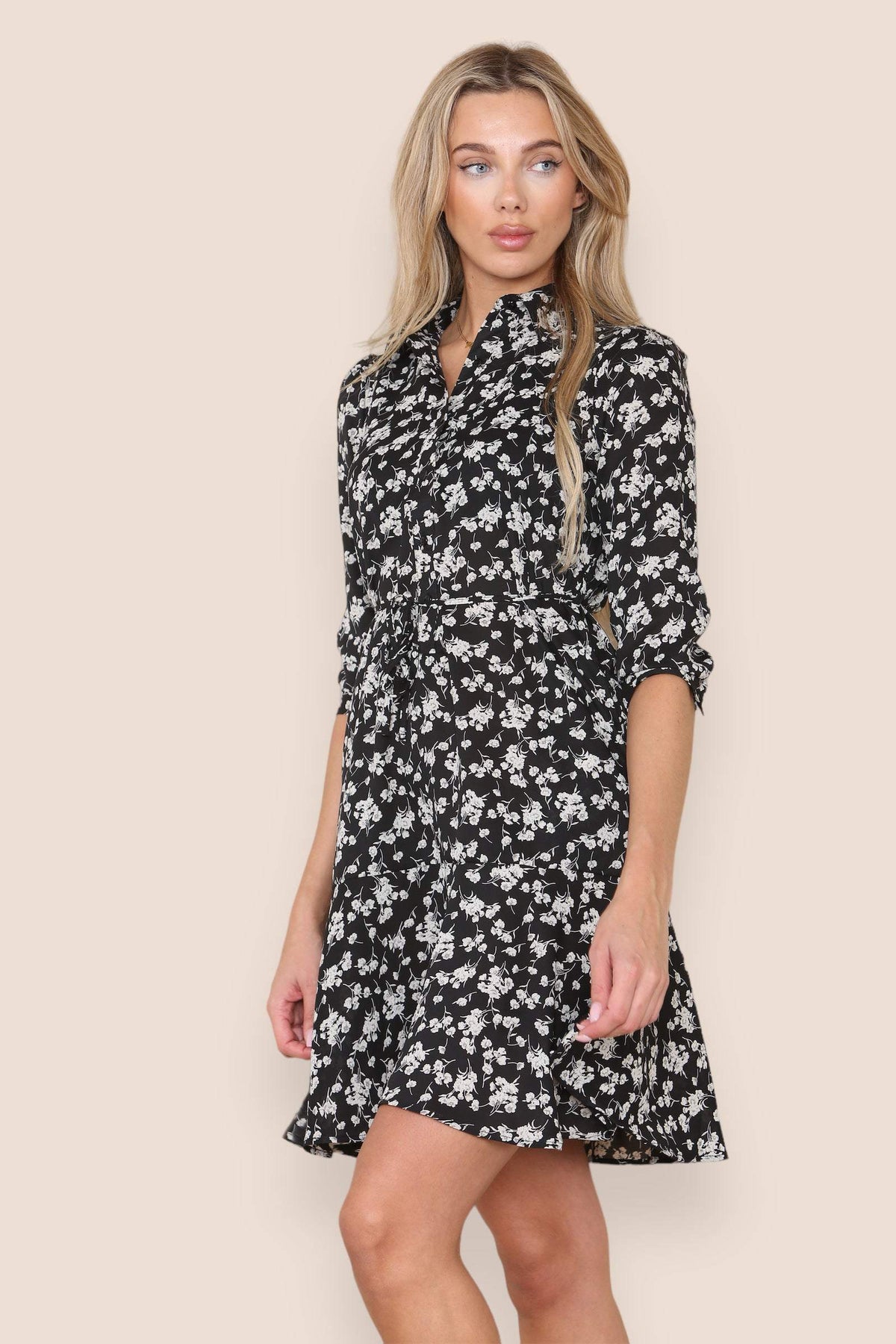 Black Ditsy Floral Print Frilled Hem Mini Dress LS-2319-LC2