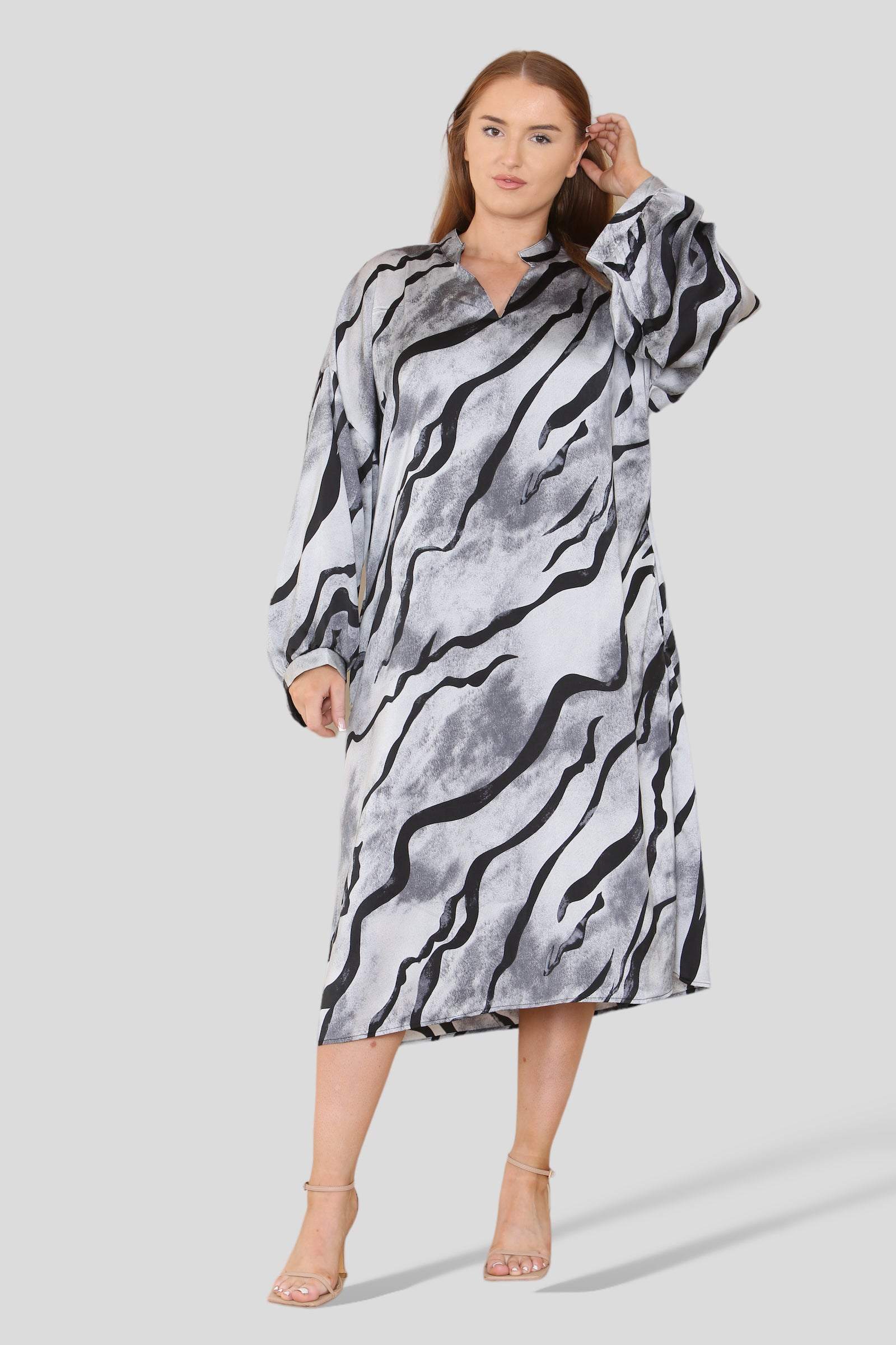 Grey Tiger Stripe Print V Neck Satin Curve Shift Dress LS-2333-DE5-TU