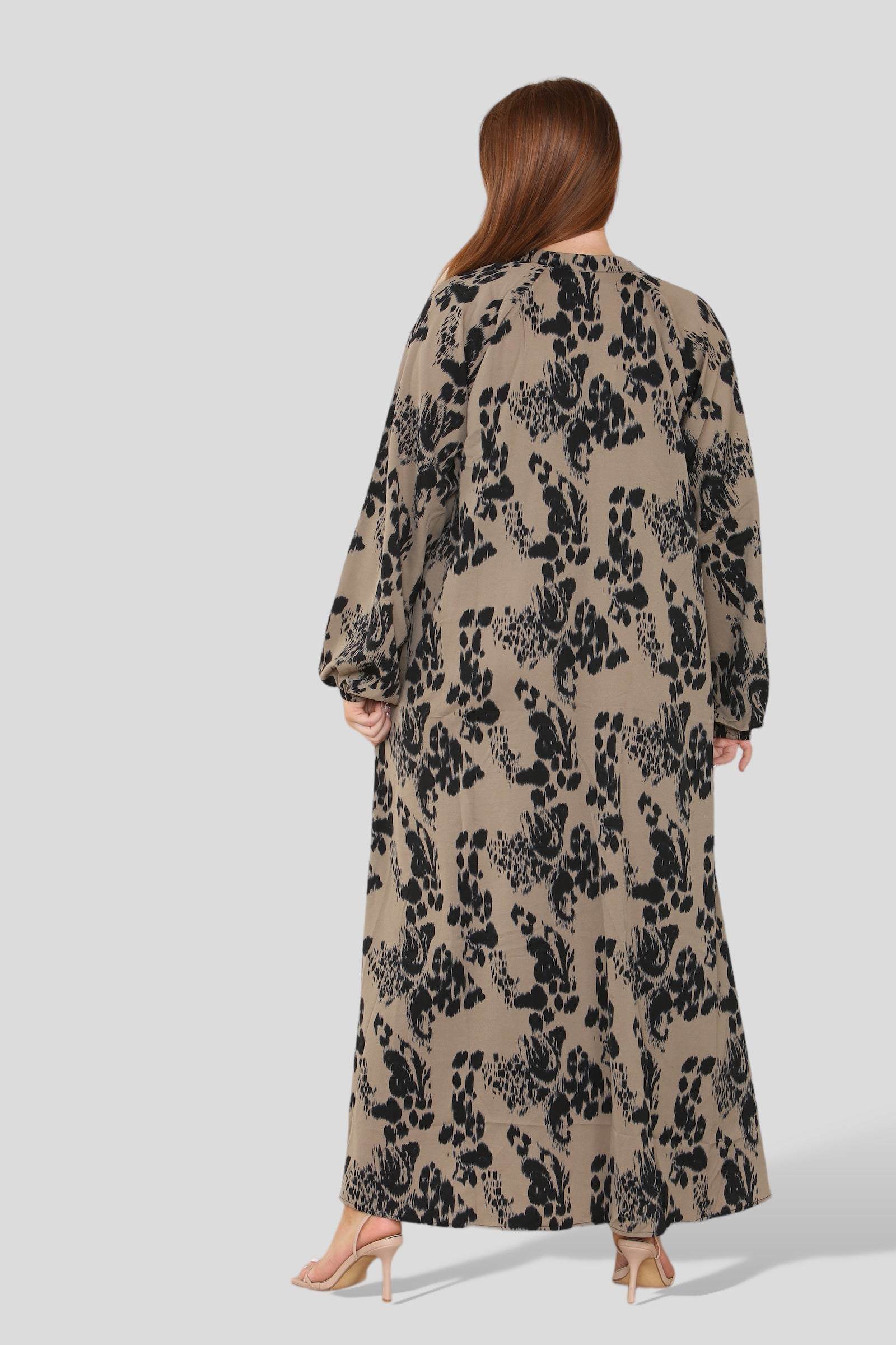 Taupe Abstract Paisley Print Buttoned Curve Maxi Shirt Dress LS-2341-DF3-TU