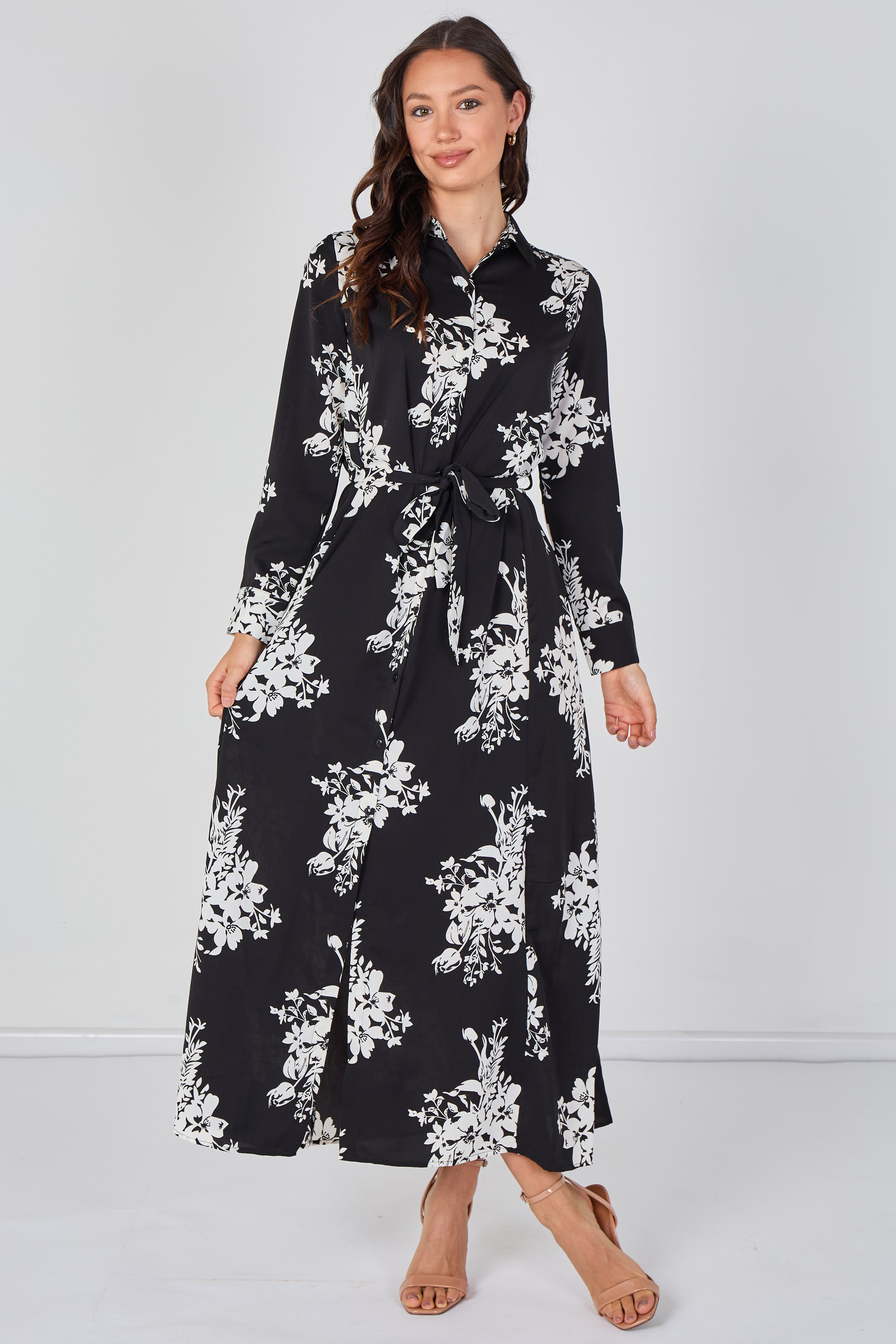 Black And White Floral Belted Maxi Shirt Dress LS-2430LL-GM1