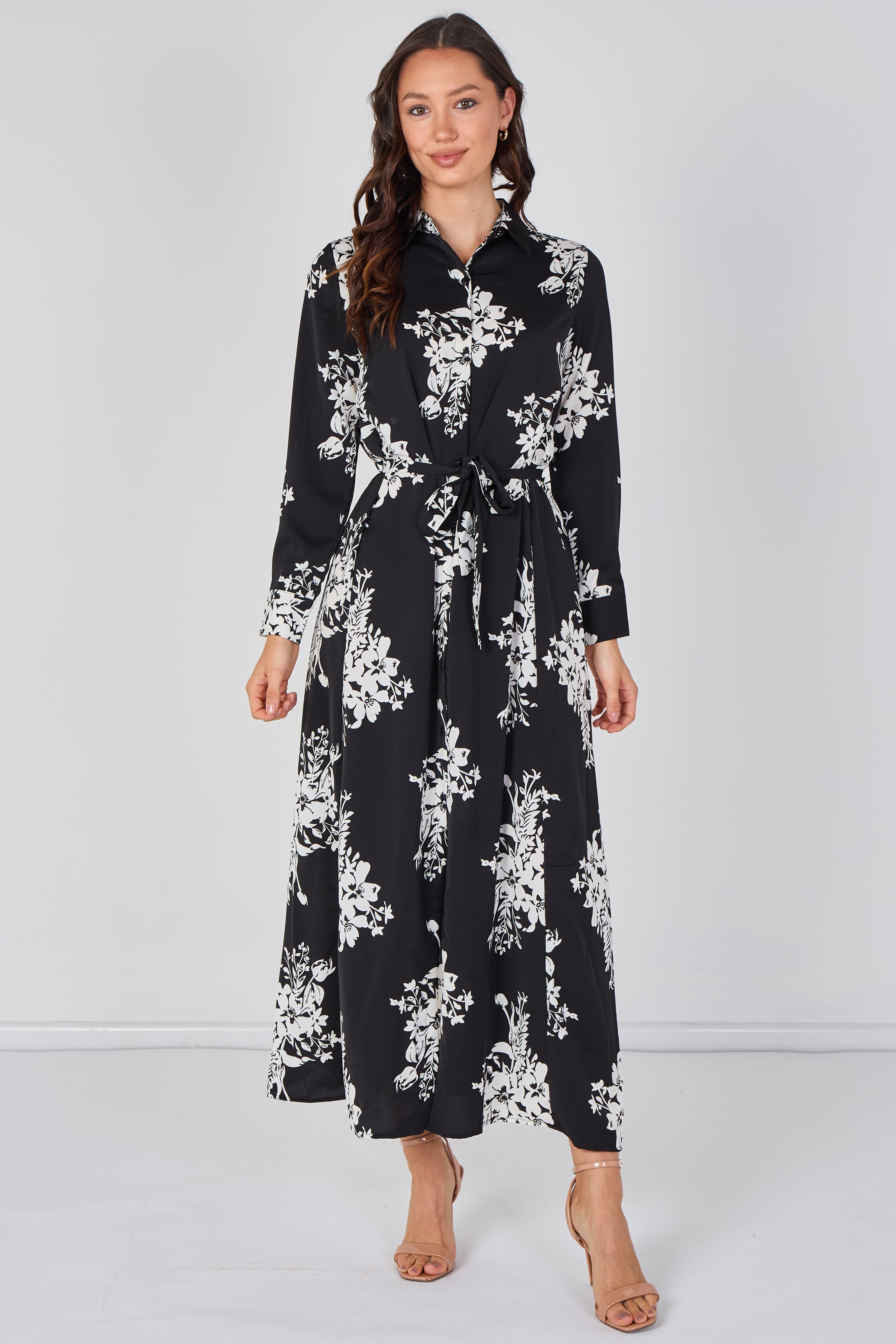 Black And White Floral Belted Maxi Shirt Dress LS-2430LL-GM1