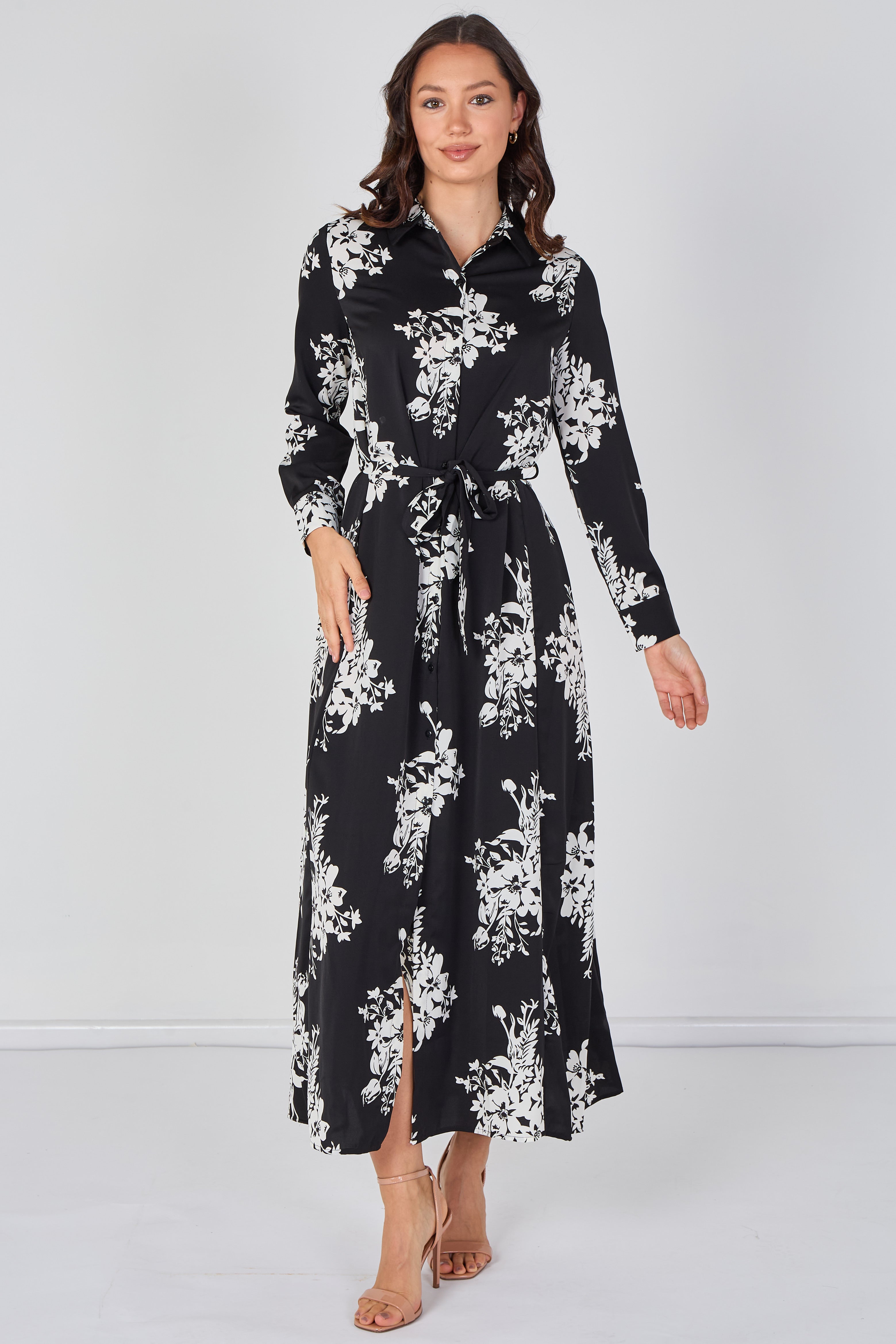 Black And White Floral Belted Maxi Shirt Dress LS-2430LL-GM1