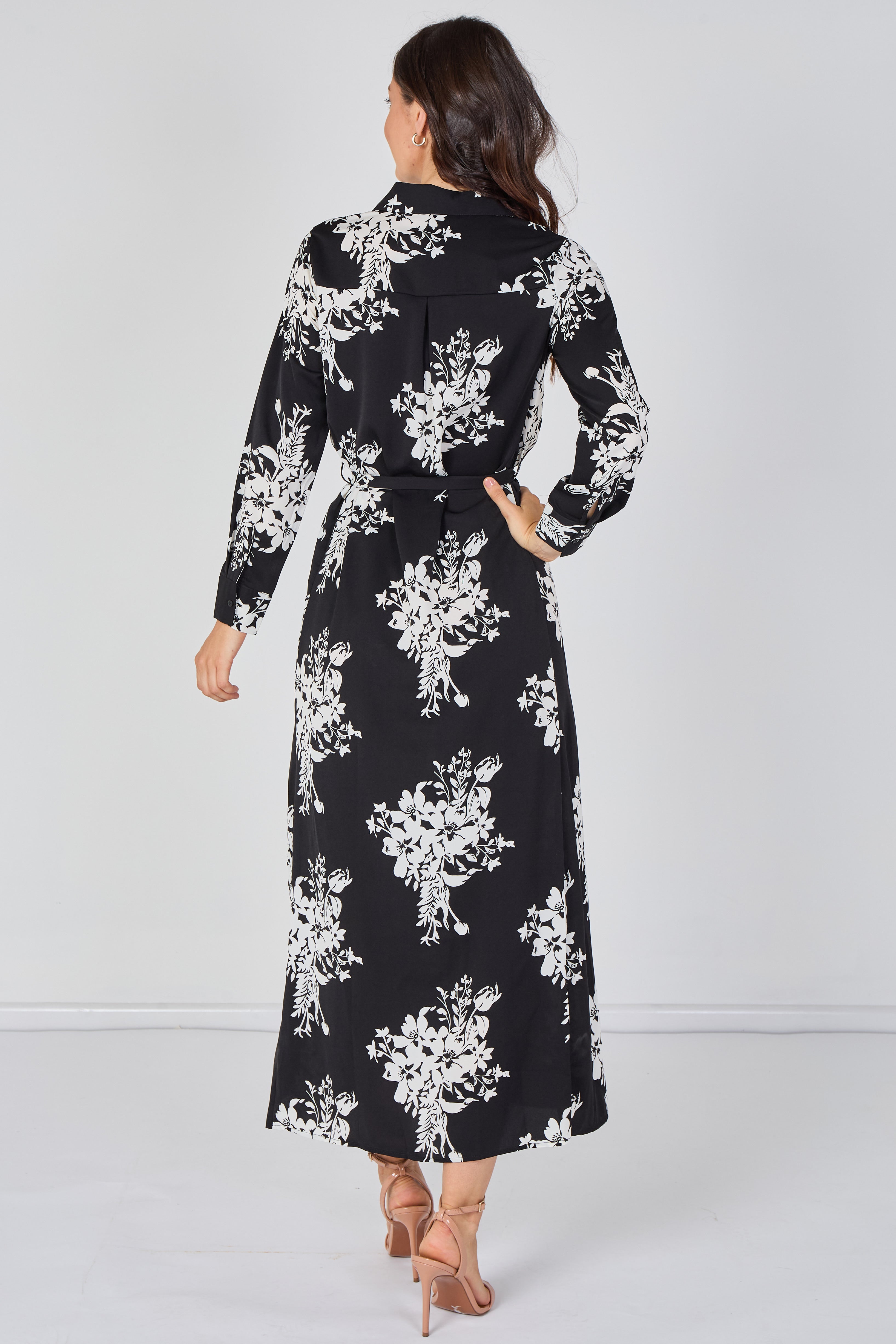 Black And White Floral Belted Maxi Shirt Dress LS-2430LL-GM1