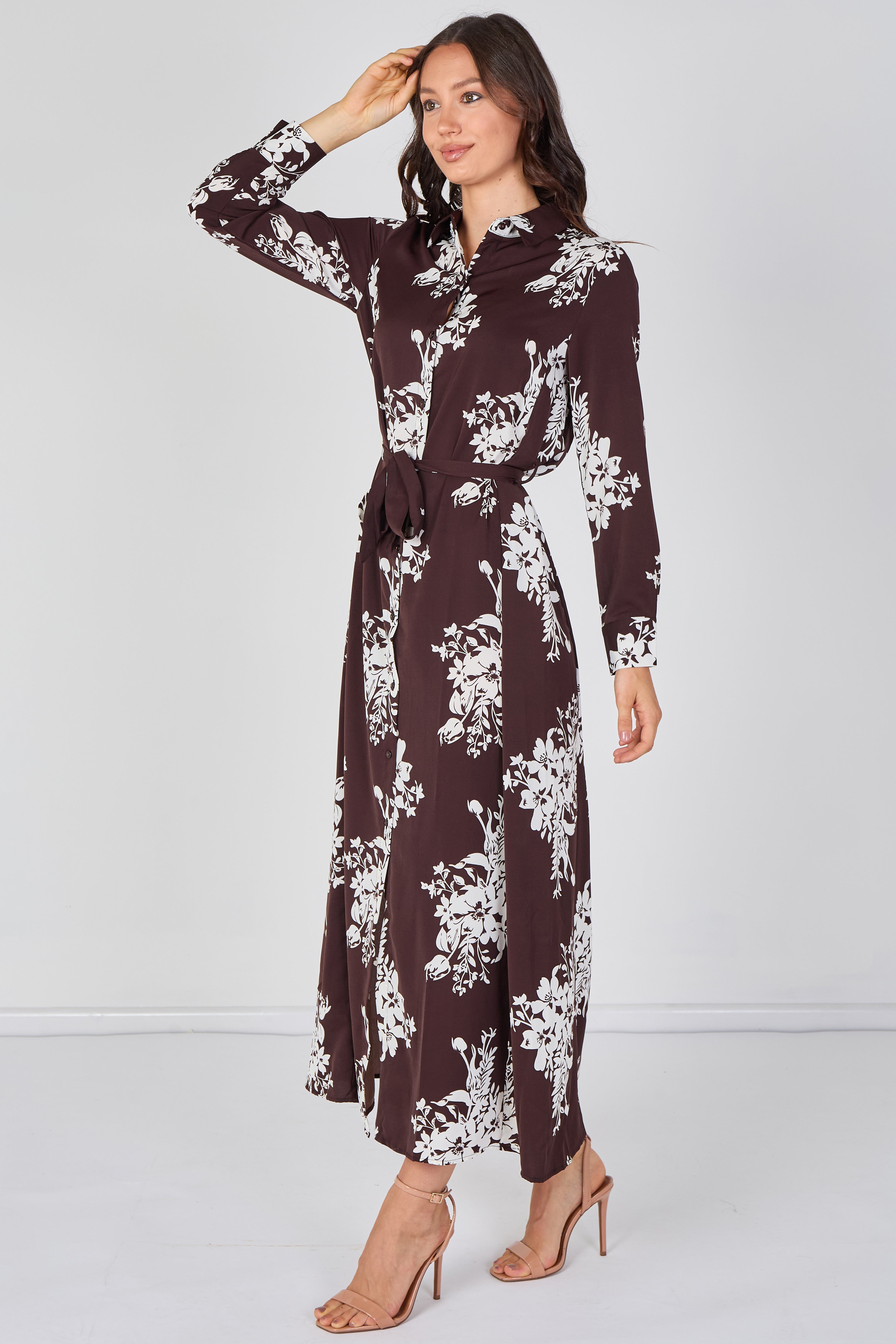 Chocolate And White Floral Belted Maxi Shirt Dress LS-2430LL-GM2