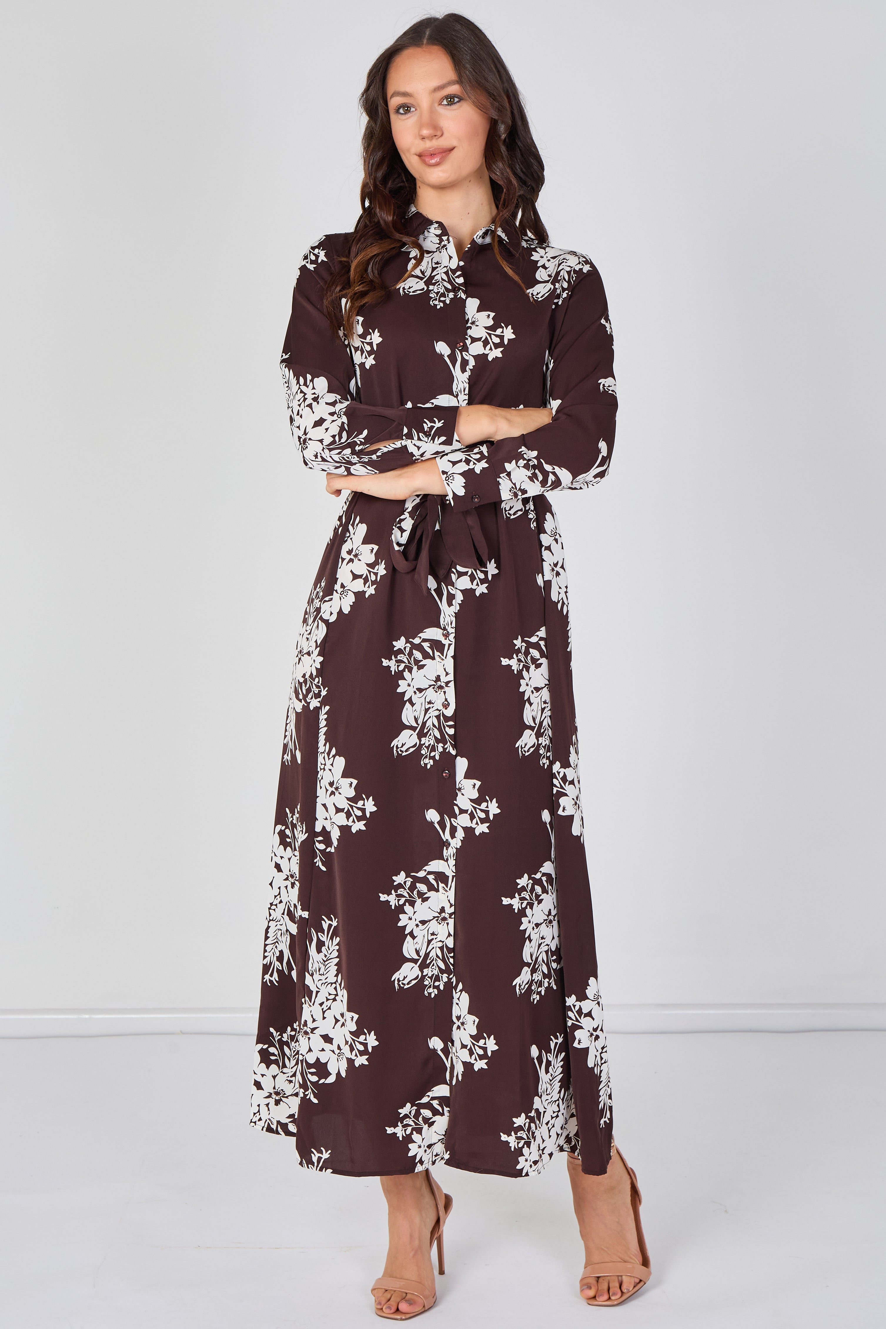 Chocolate And White Floral Belted Maxi Shirt Dress LS-2430LL-GM2