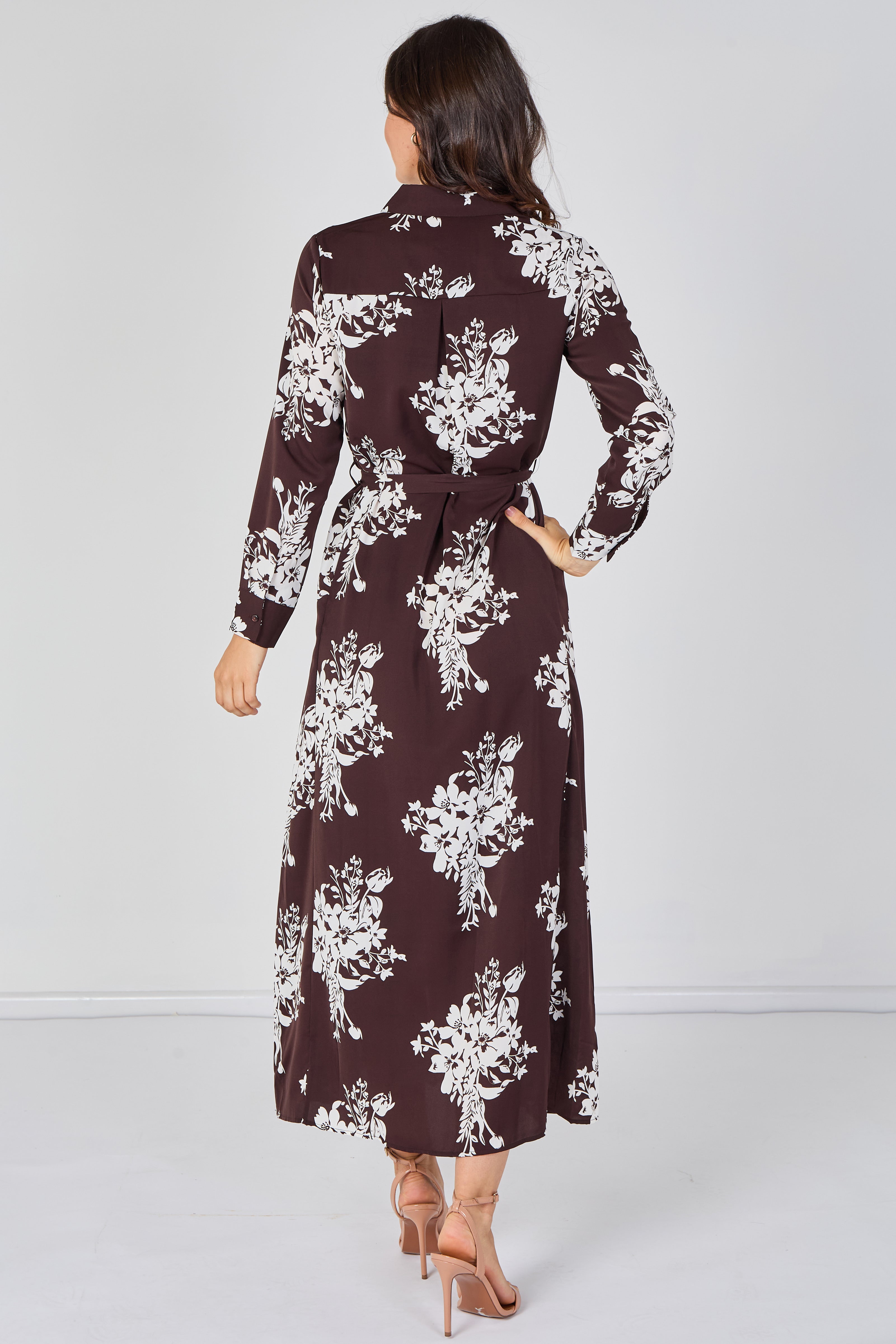 Chocolate And White Floral Belted Maxi Shirt Dress LS-2430LL-GM2