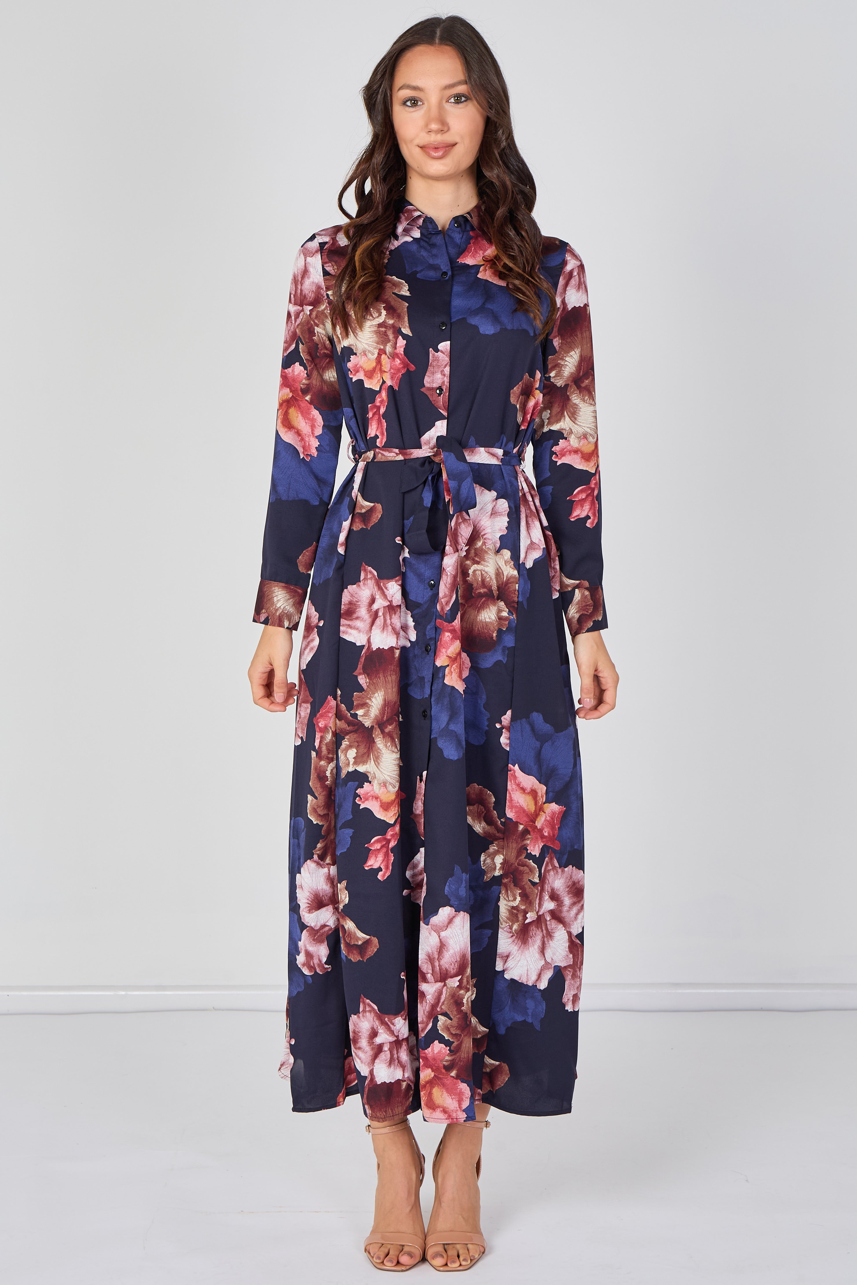 Navy Iris Floral Belted Maxi Shirt Dress LS-2430LL-GM4