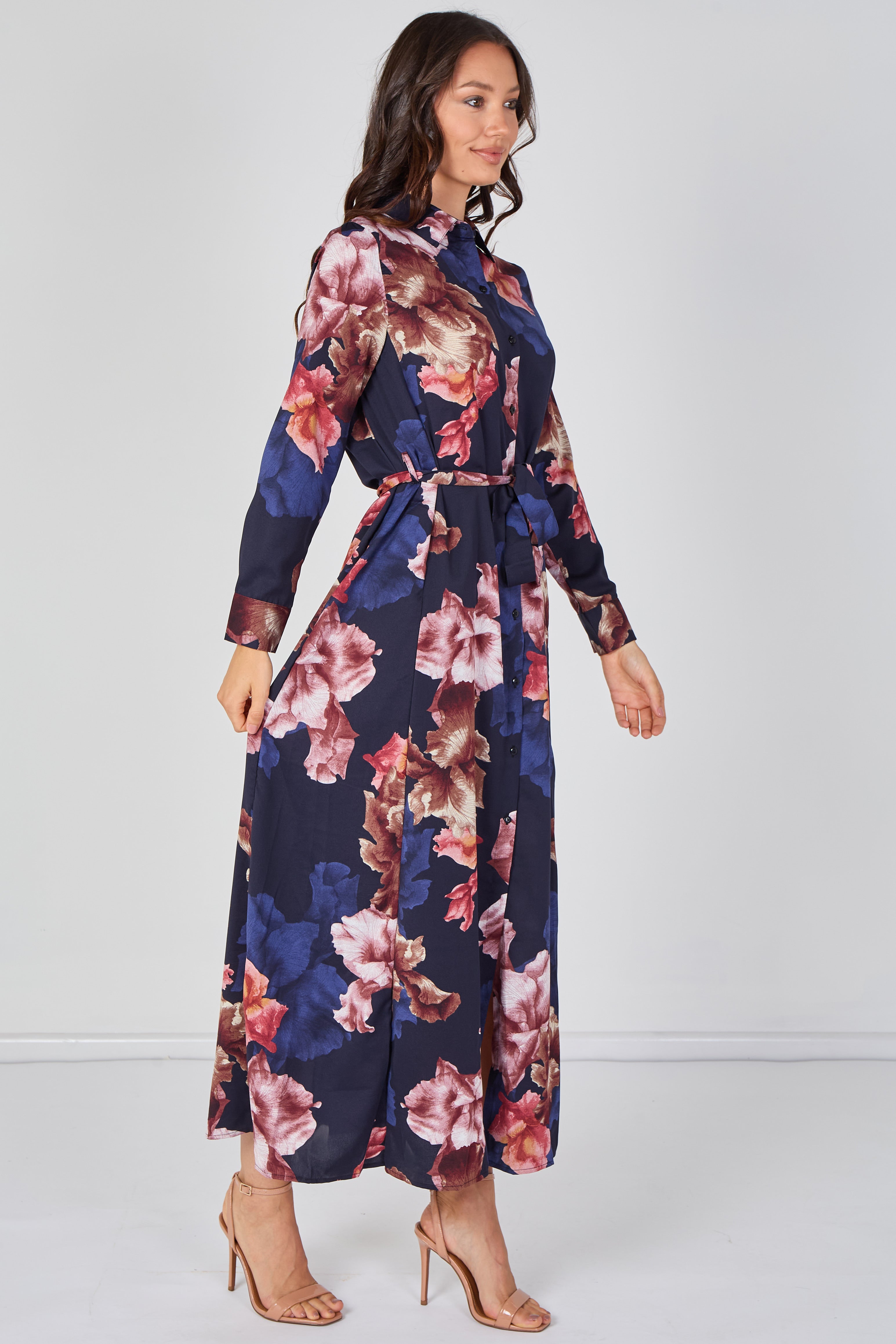 Navy Iris Floral Belted Maxi Shirt Dress LS-2430LL-GM4