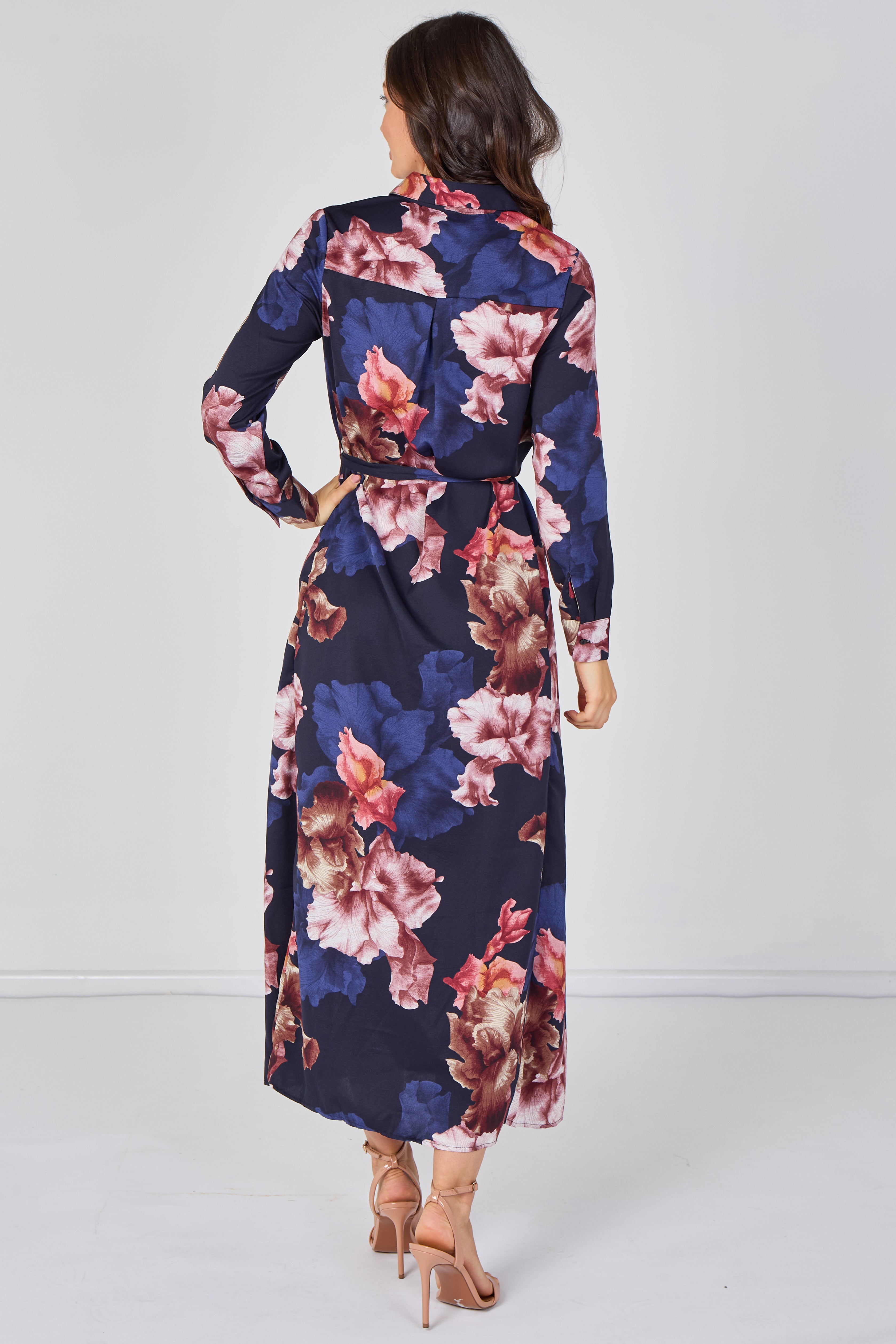 Navy Iris Floral Belted Maxi Shirt Dress LS-2430LL-GM4