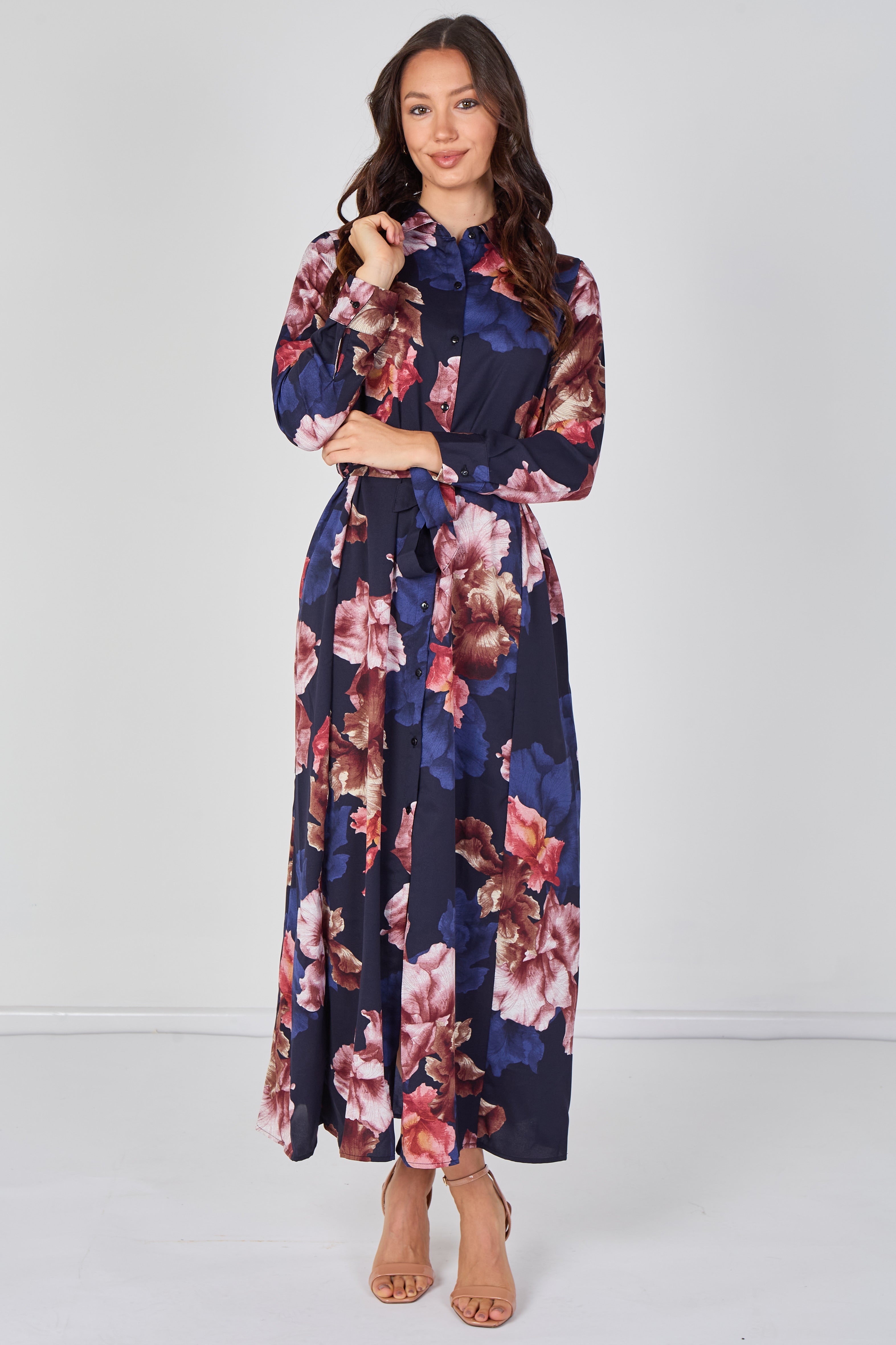 Navy Iris Floral Belted Maxi Shirt Dress LS-2430LL-GM4