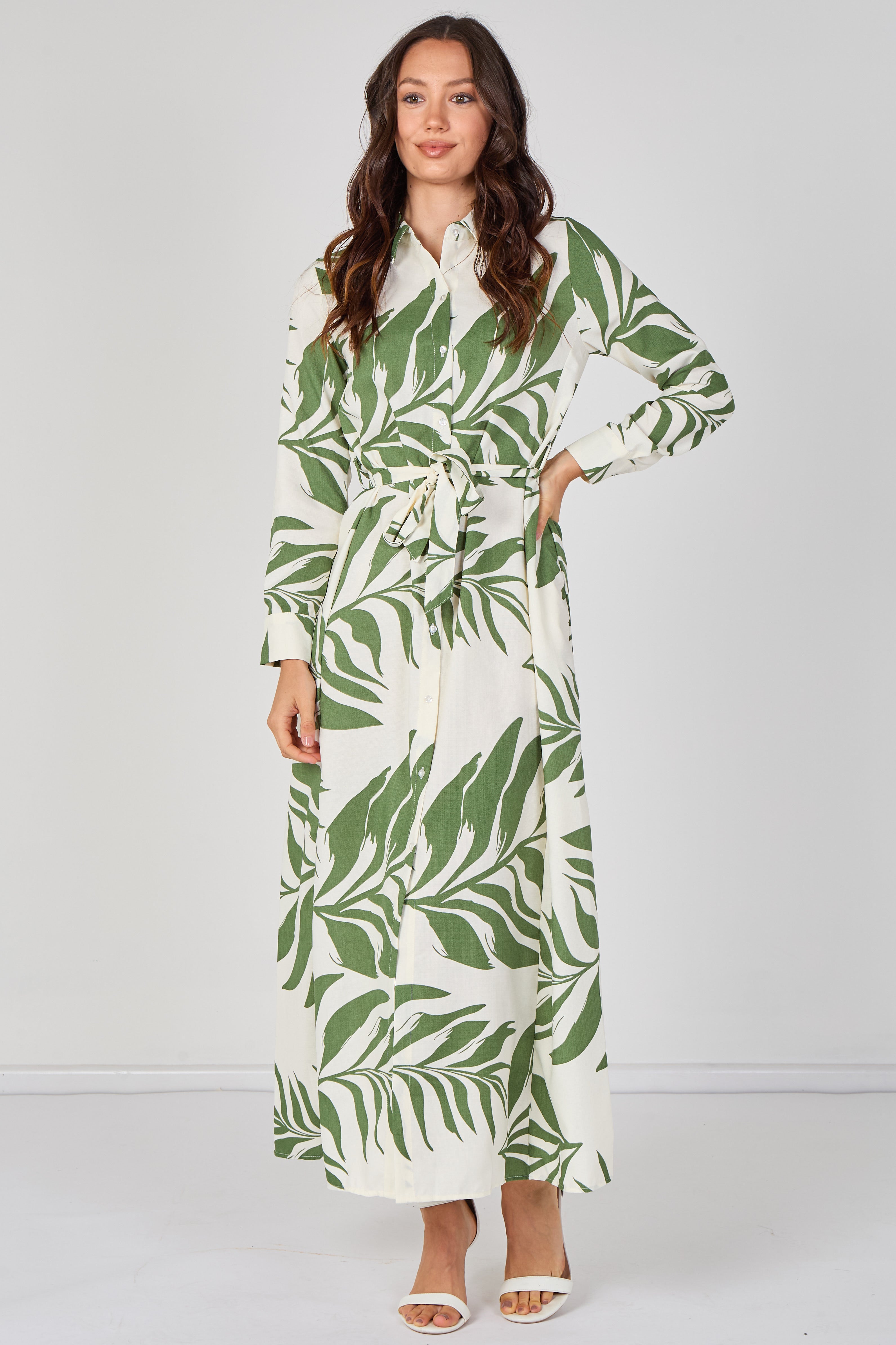 Green Palm Print Belted Maxi Shirt Dress LS-2430LL-GM5