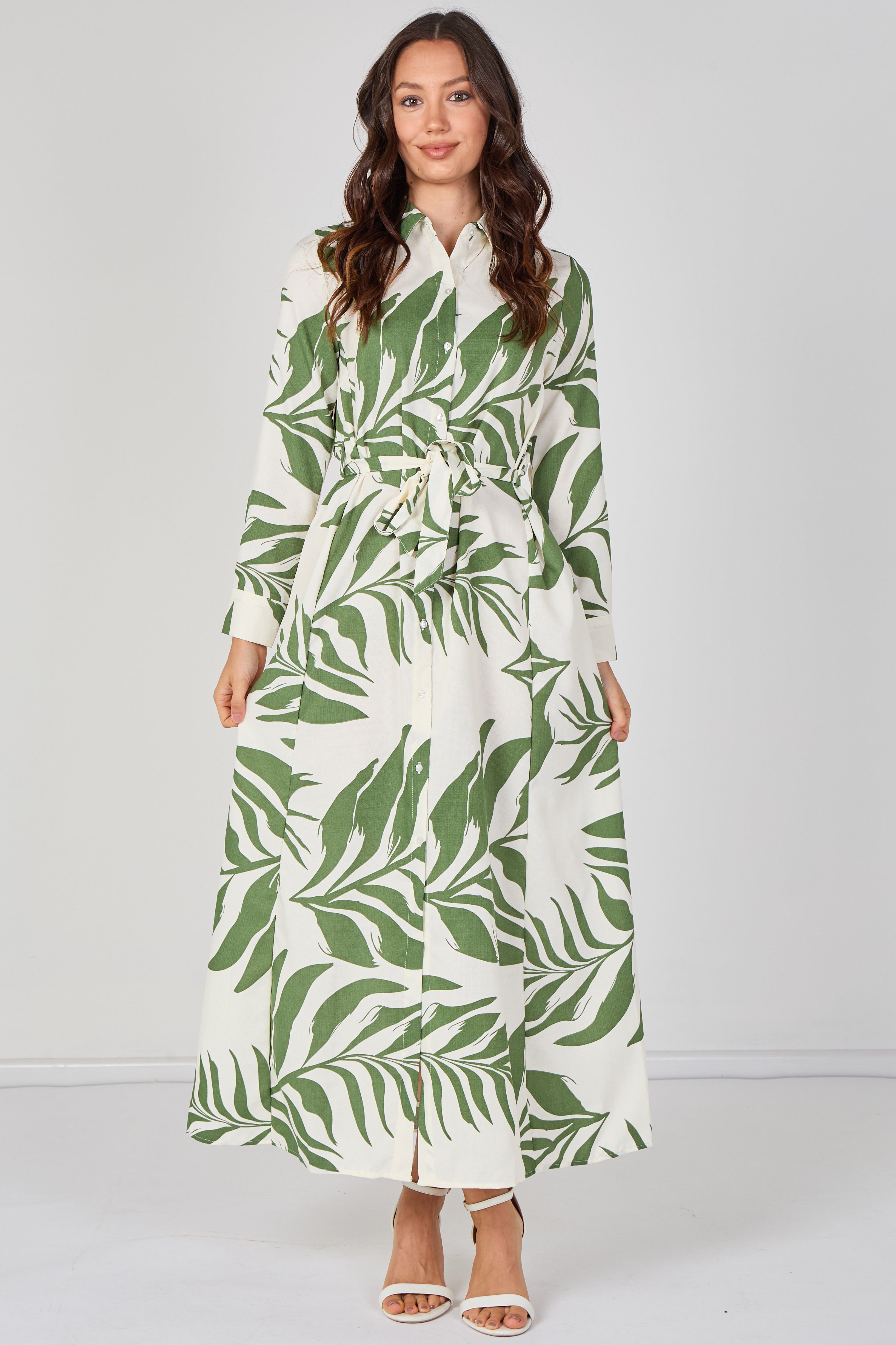 Green Palm Print Belted Maxi Shirt Dress LS-2430LL-GM5